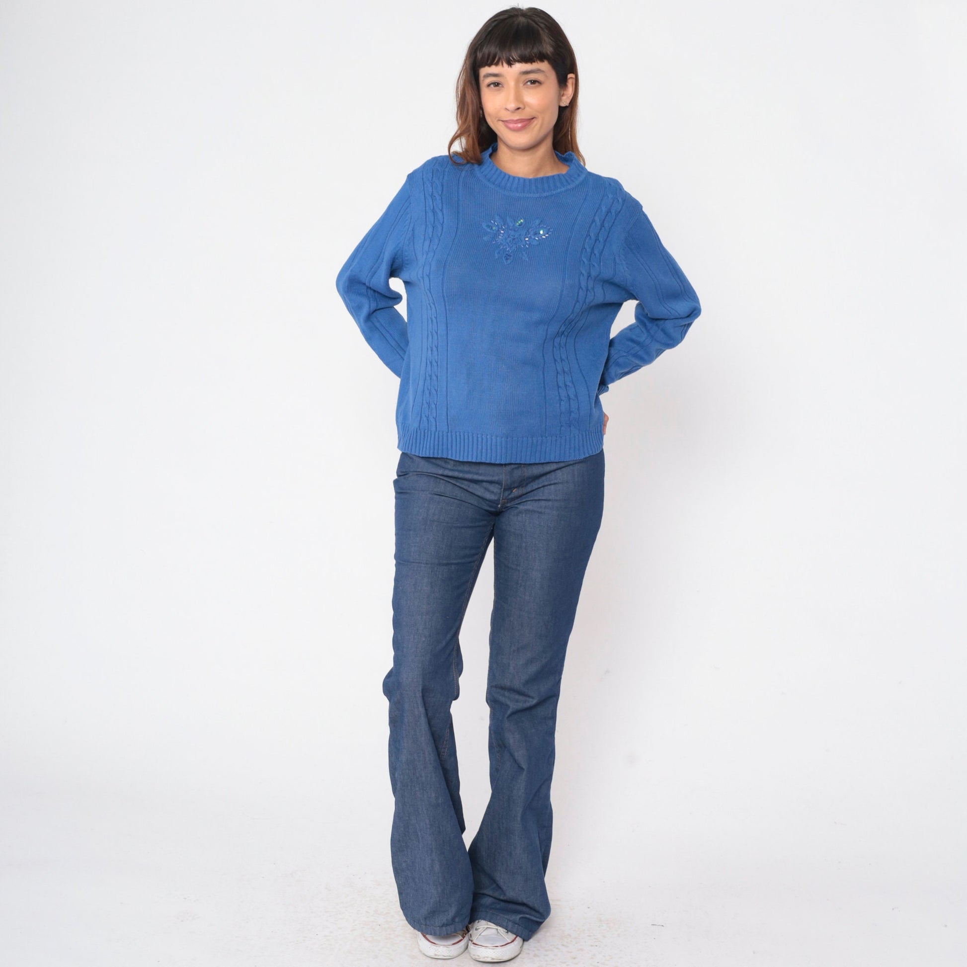 80s Blue Cable Knit Sweater Beaded Floral Design Pullover Large L