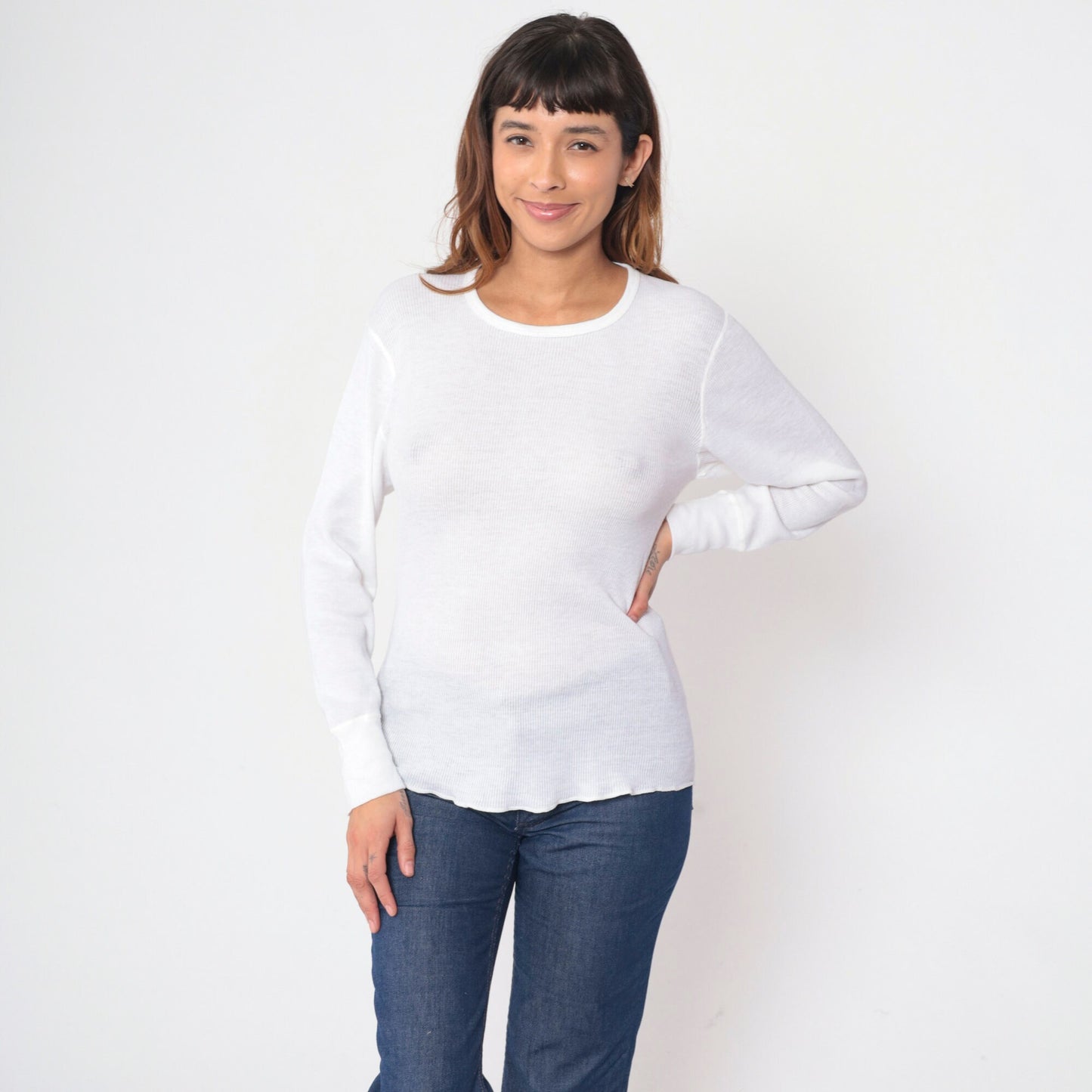 80s White Thermal Waffle Knit Long Sleeve Undershirt Medium