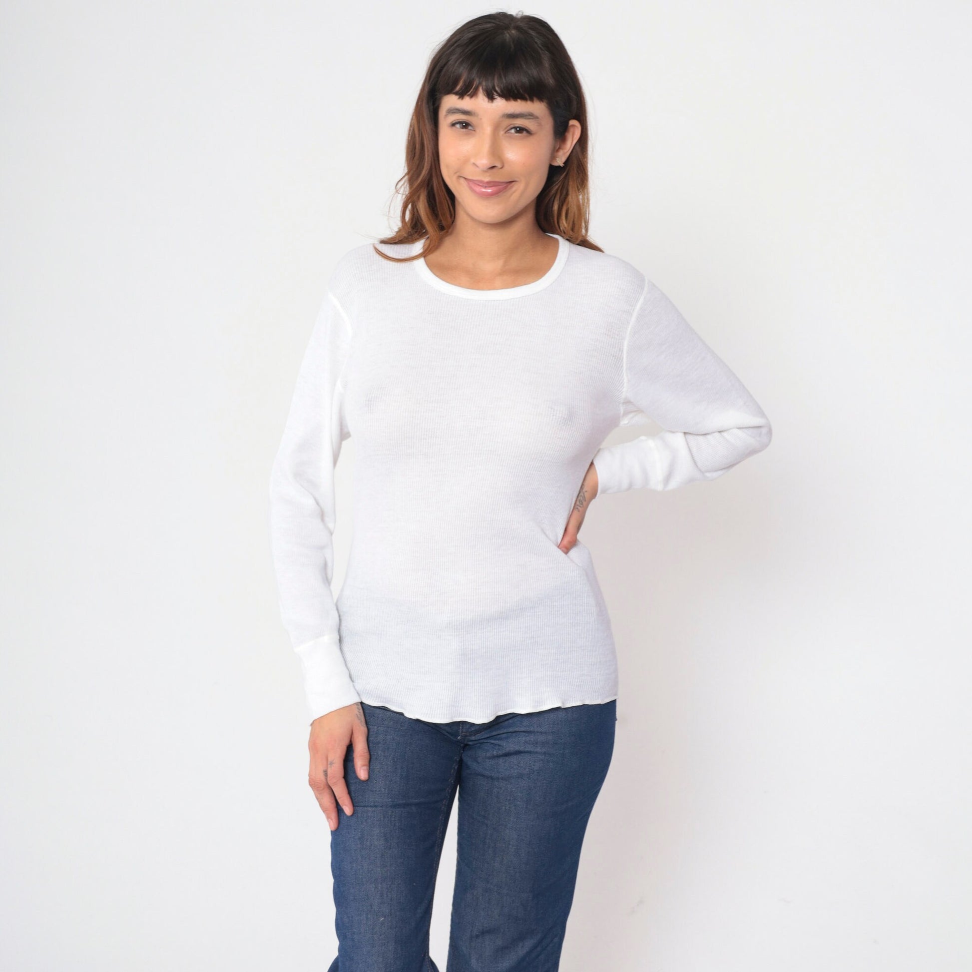 80s White Thermal Waffle Knit Long Sleeve Undershirt Medium