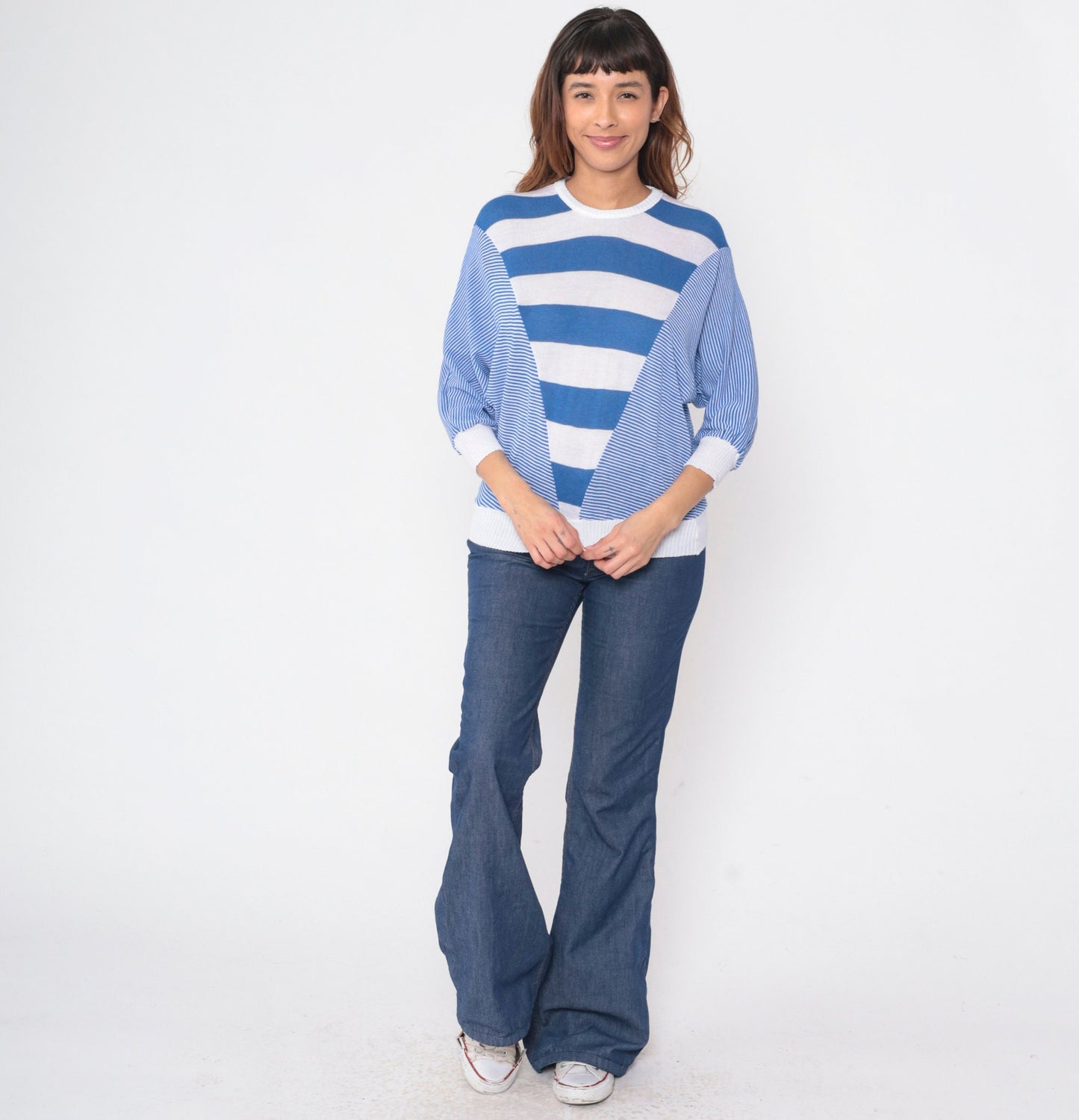 80s Blue White Striped Dolman Sweater Knit Pullover 3/4 Batwing Sleeve Medium M