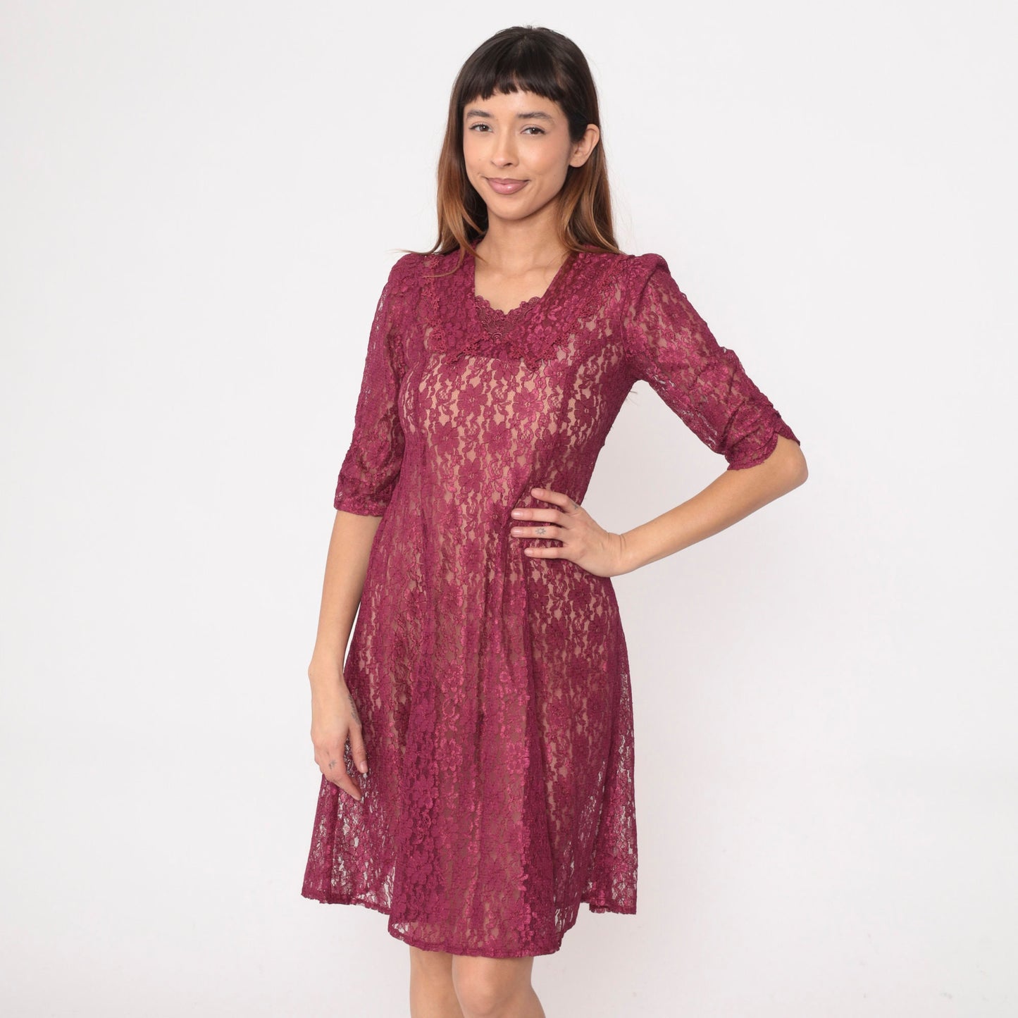 90s Raspberry Lace Dress Chelsea Collar Puff Sleeve Knee Length Extra Small