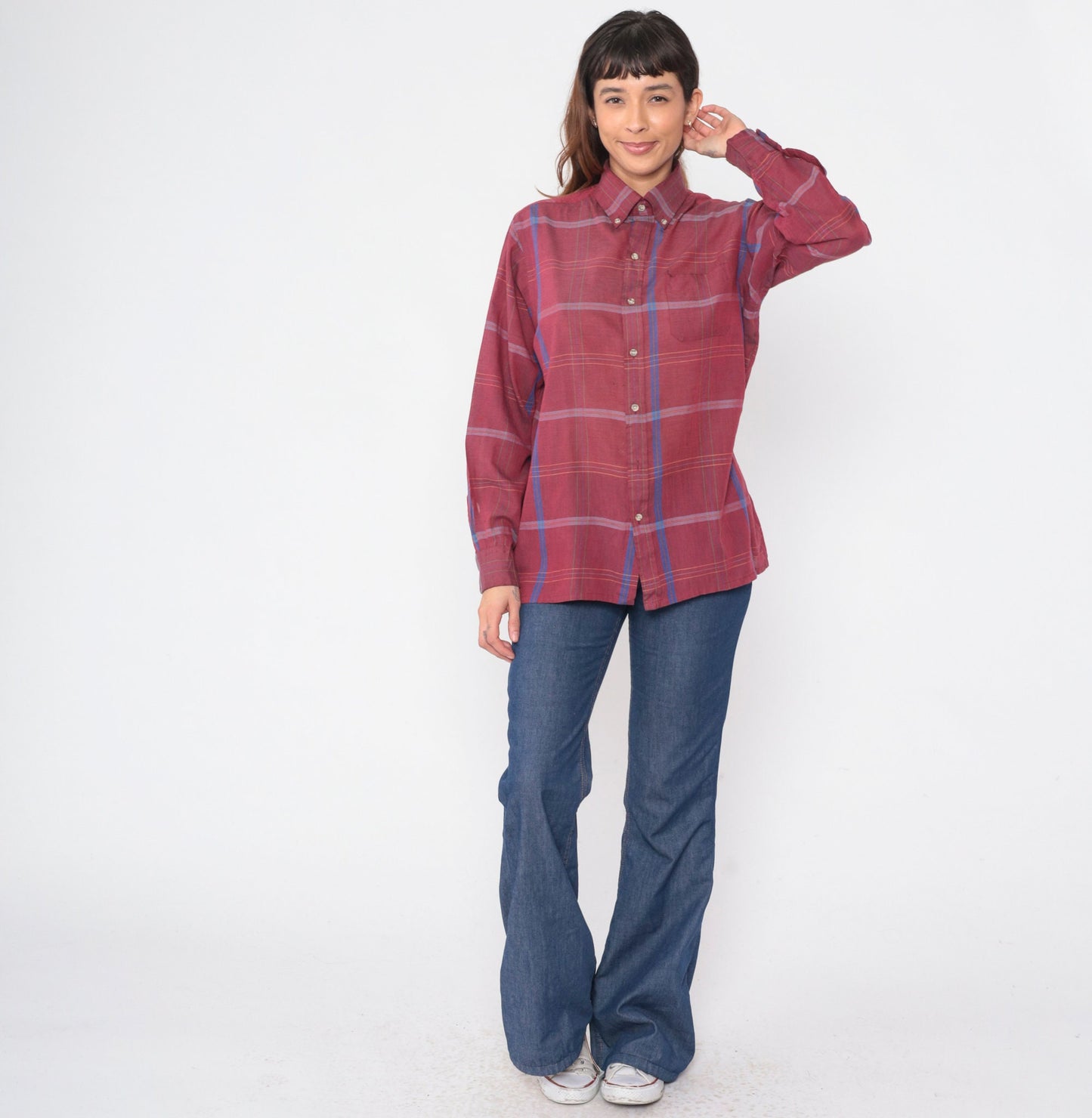 80s Arrow Burgundy Plaid Button-Up Shirt Long Sleeve Collared Medium