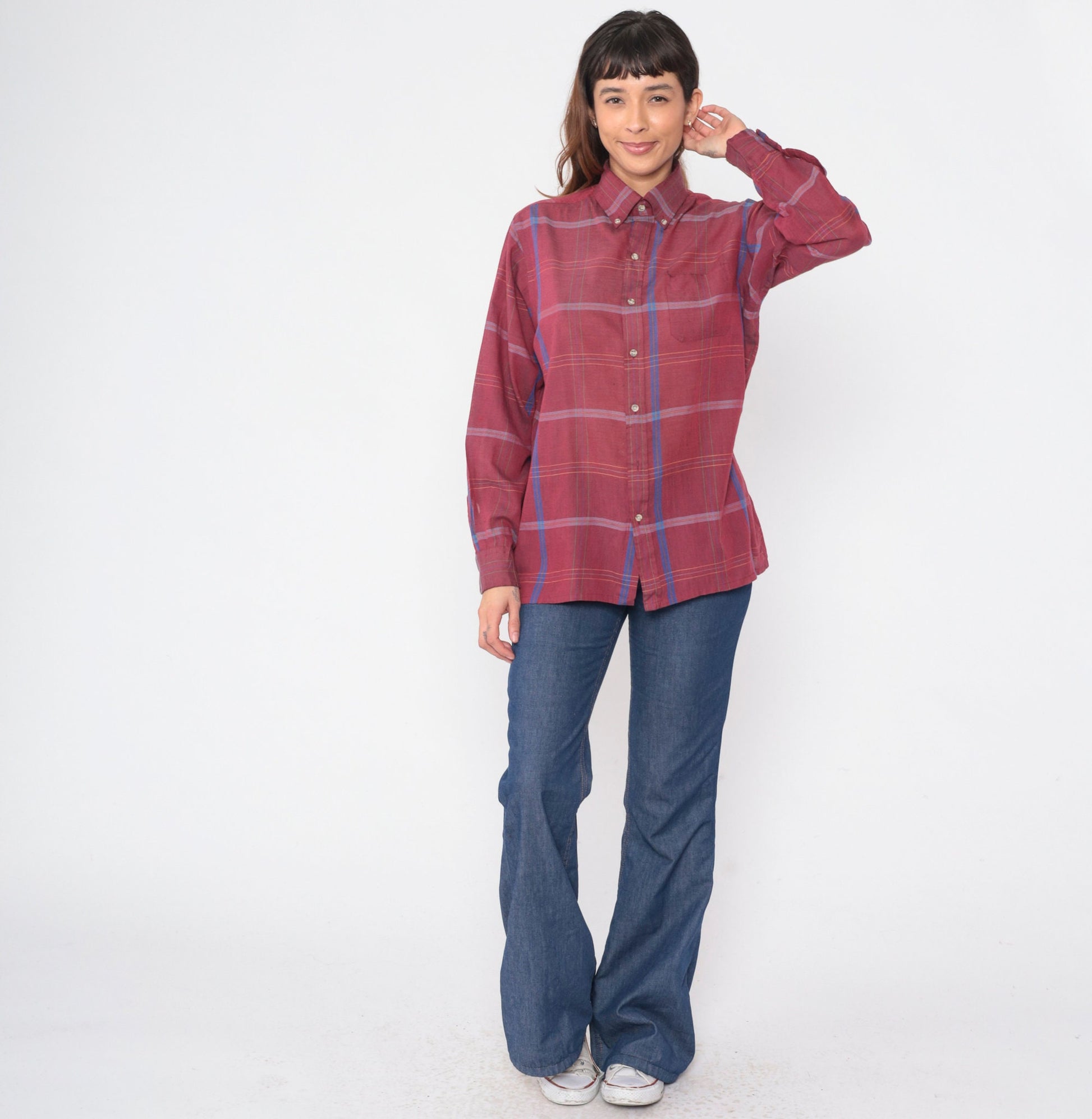 80s Arrow Burgundy Plaid Button-Up Shirt Long Sleeve Collared Medium