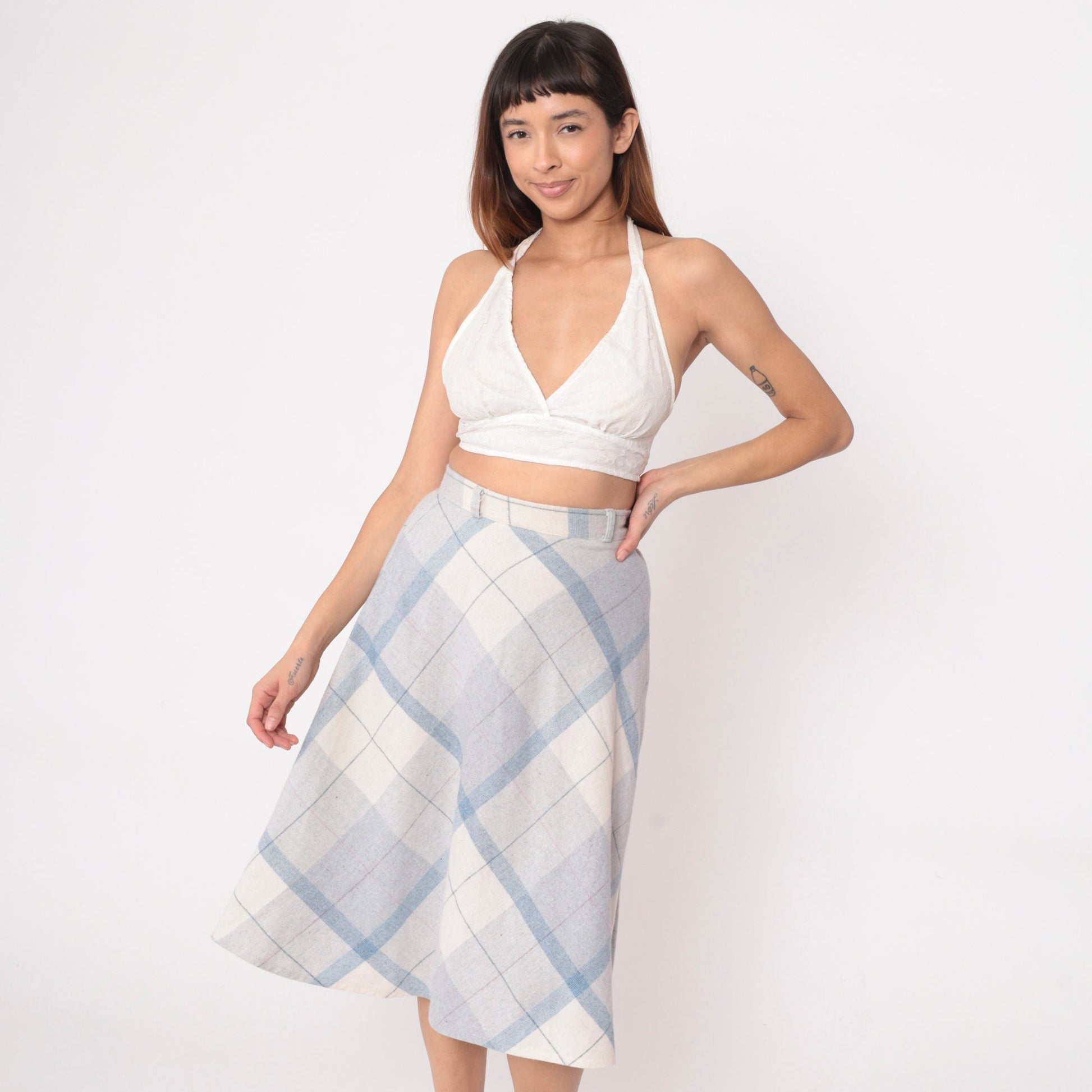 70s Plaid Midi Skirt High Waisted Blue White Wool Blend Extra Small