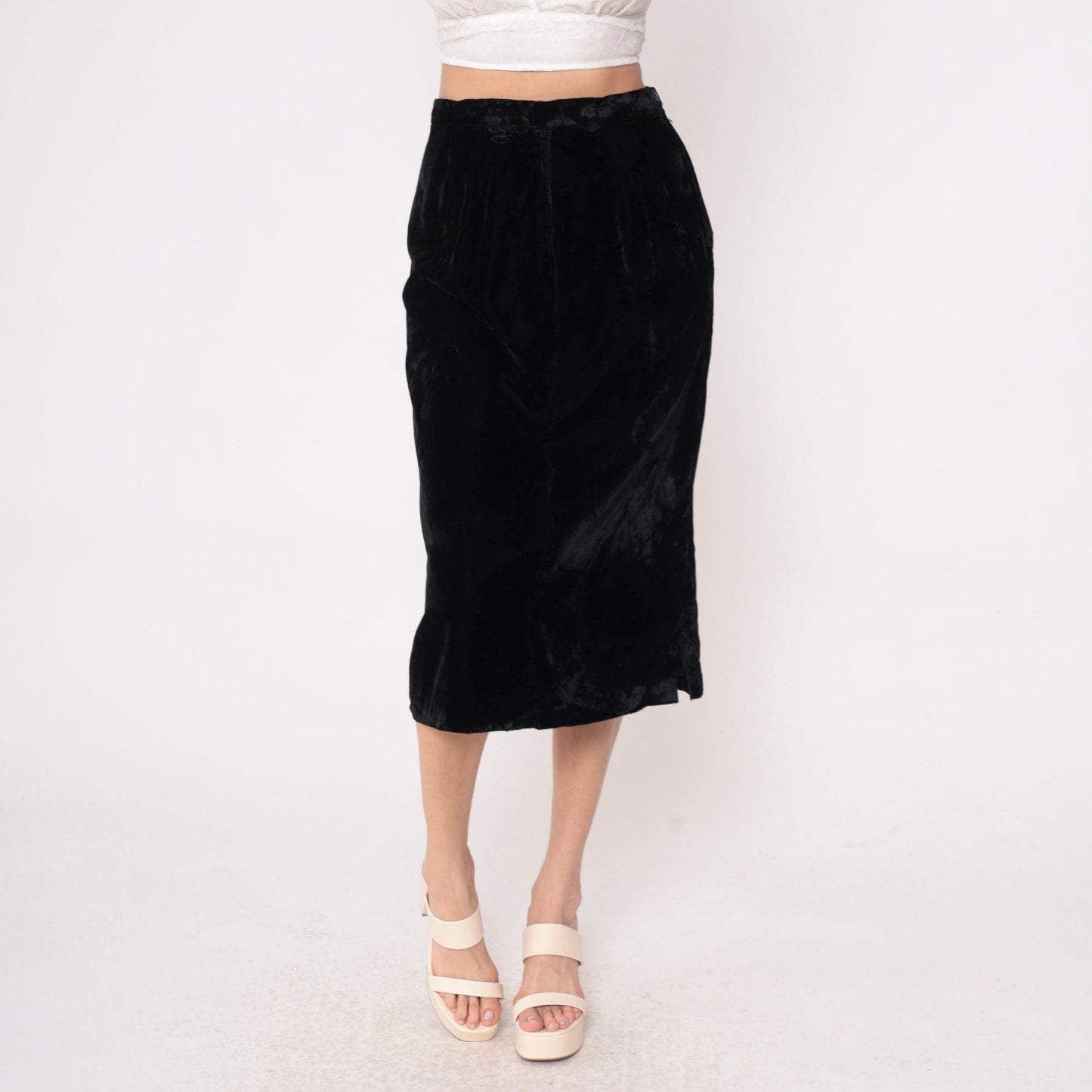 90s Black Velvet Midi Pencil Skirt High Waist Side Slit Small