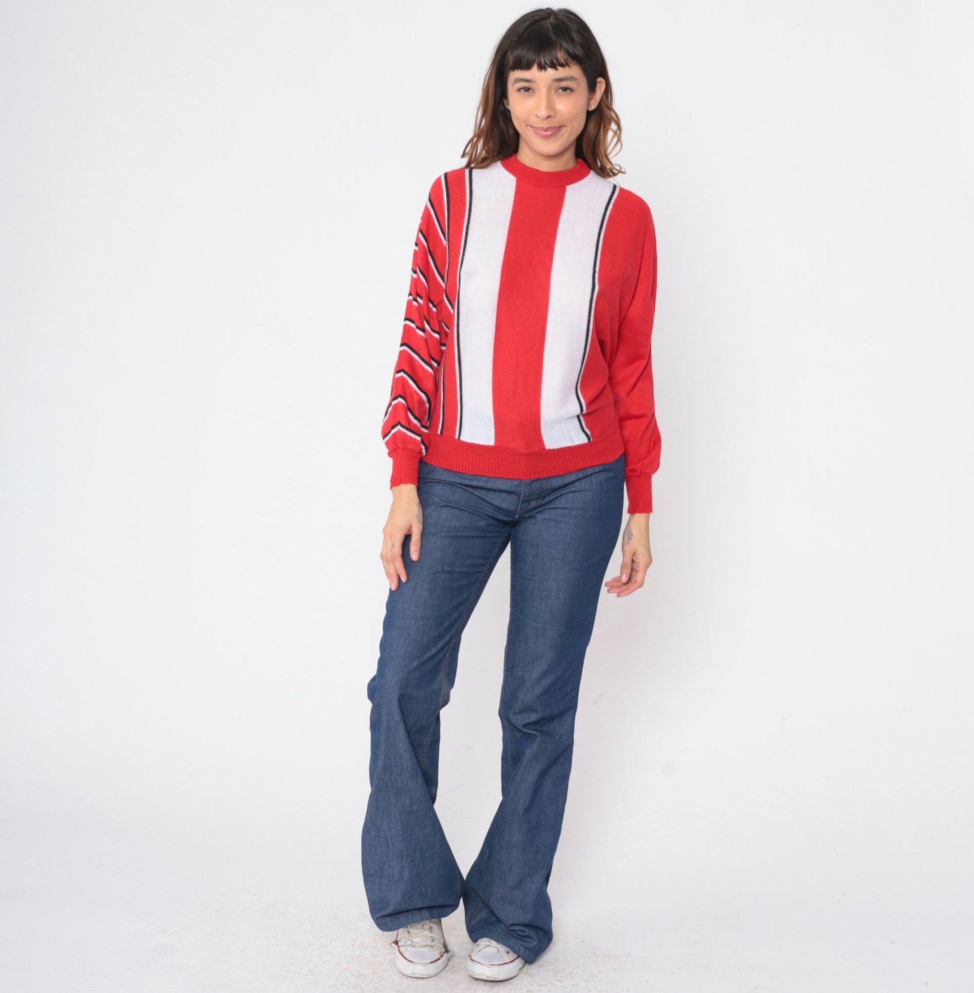 80s Striped Dolman Sleeve Knit Sweater Red White Black Crewneck Medium