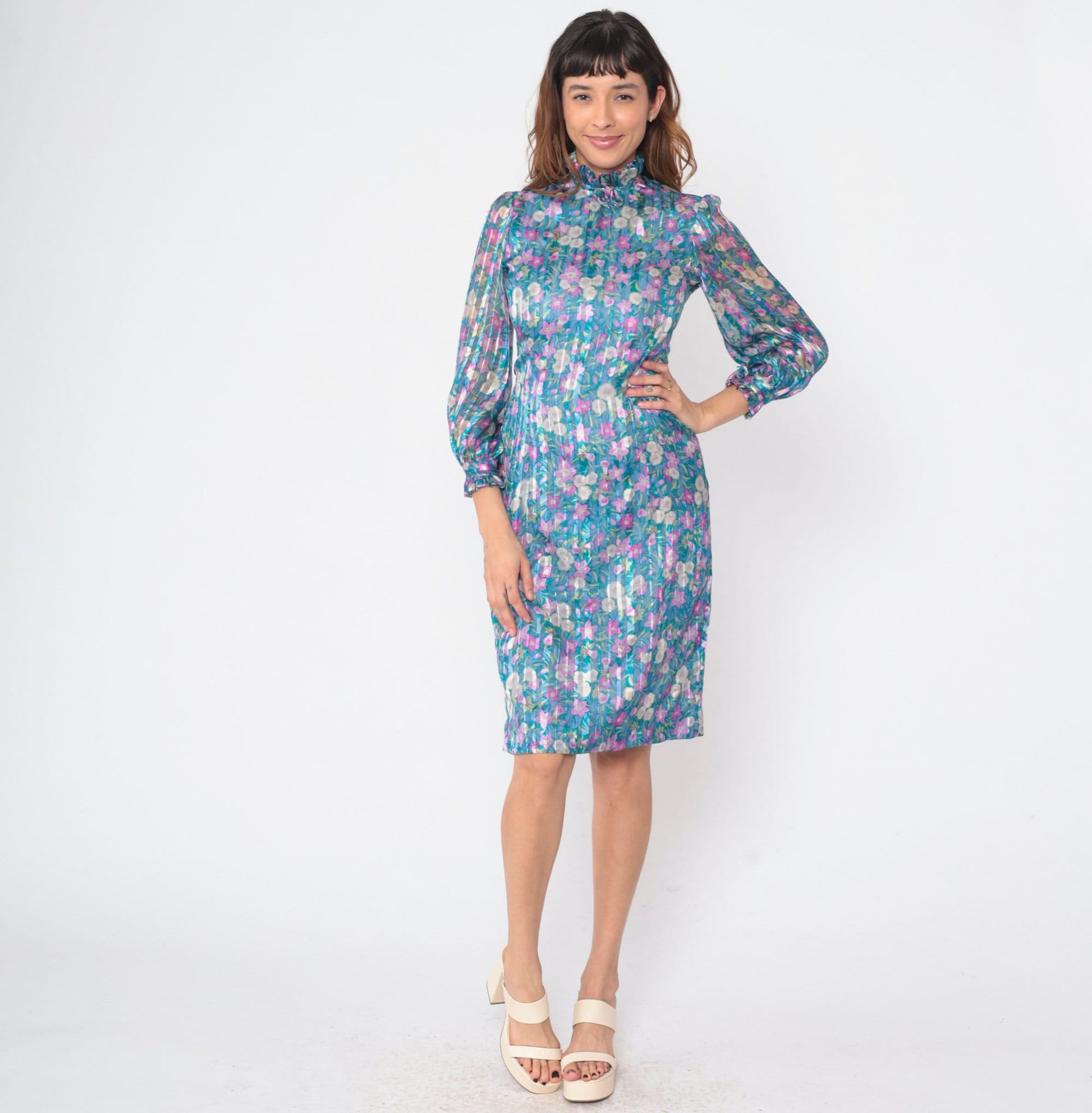 70s Blue Floral Silk Dress Long Sleeve Mock Neck Ruffle Knee Length Small S