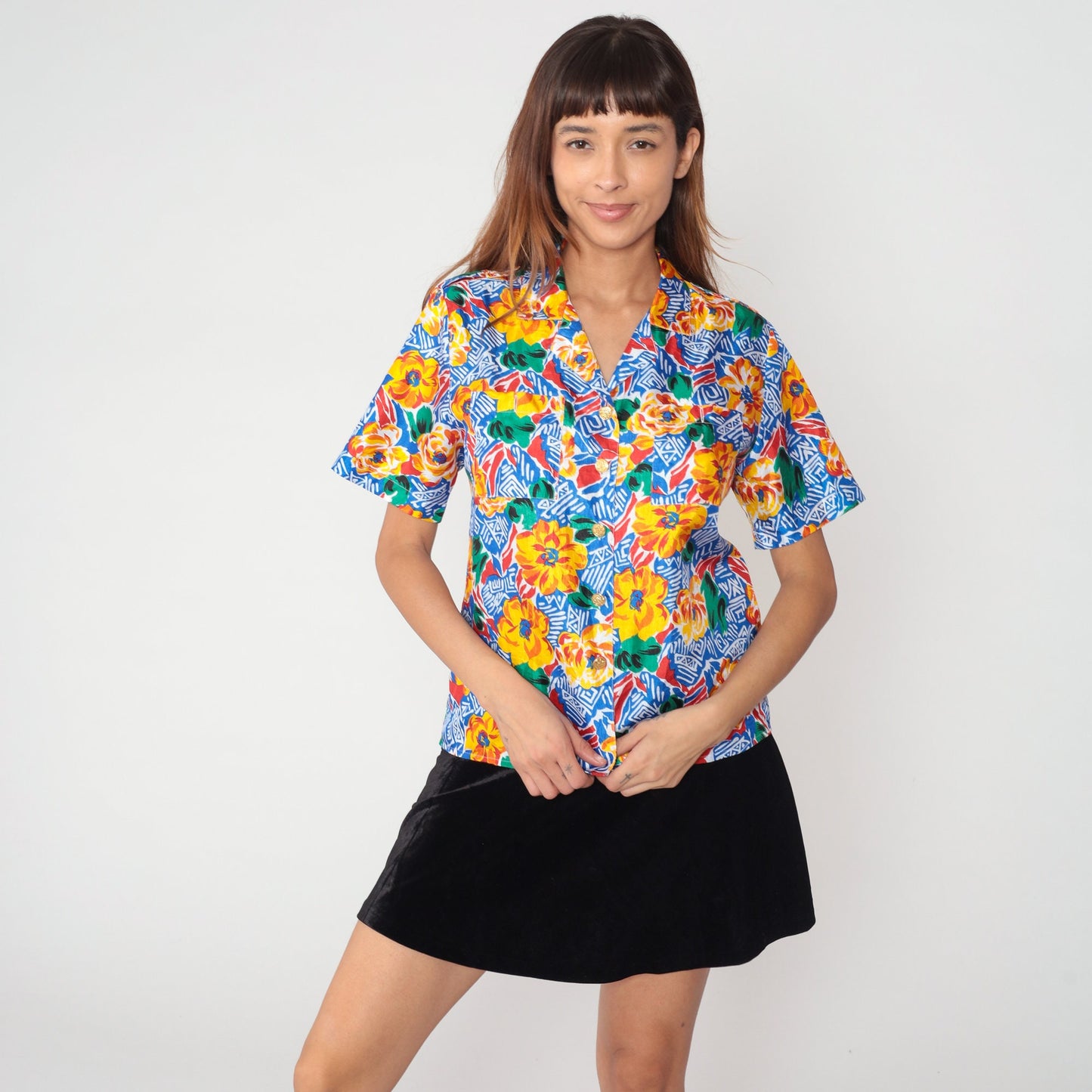90s Geometric Floral Button-Up Blouse Abstract Print Short Sleeve Small
