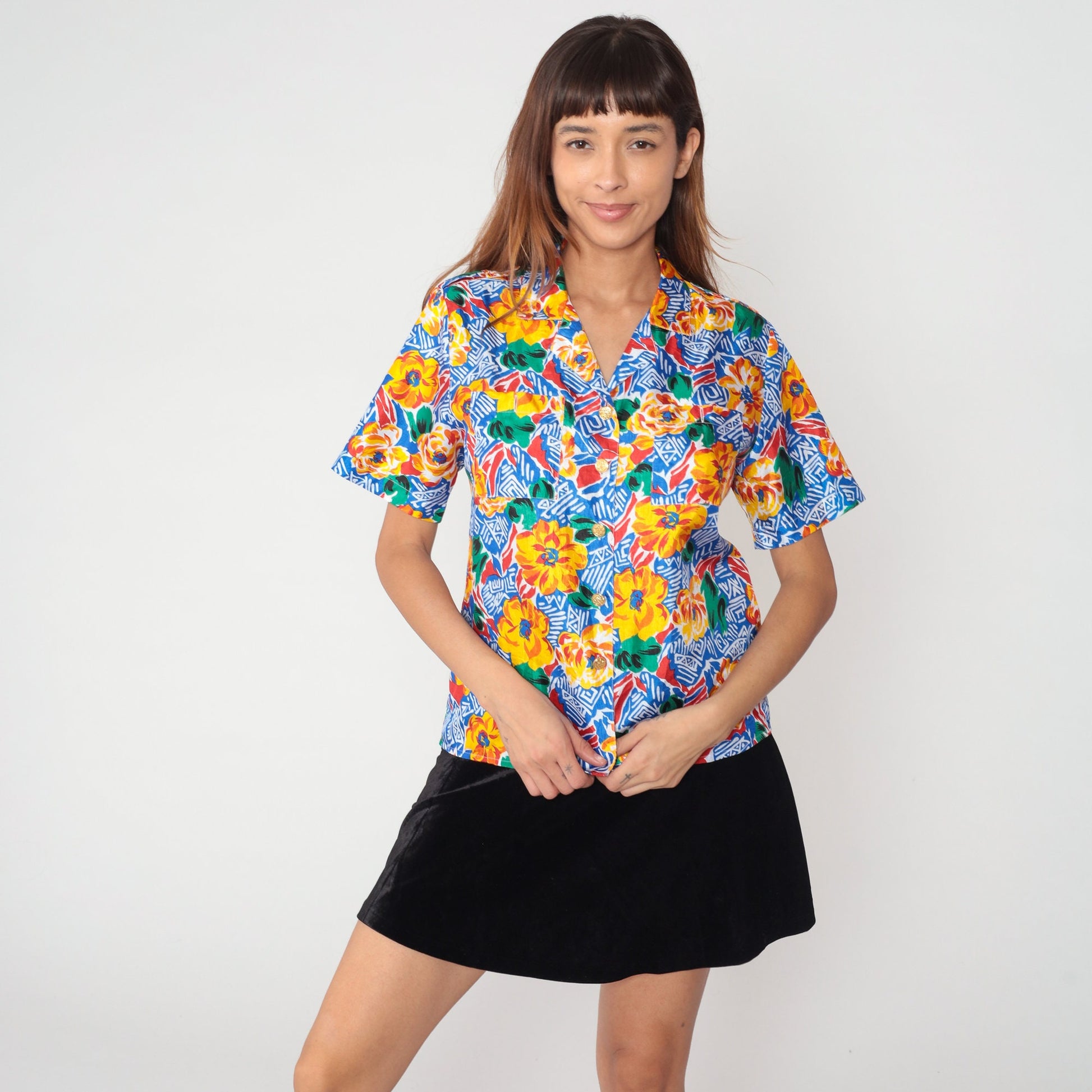 90s Geometric Floral Button-Up Blouse Abstract Print Short Sleeve Small