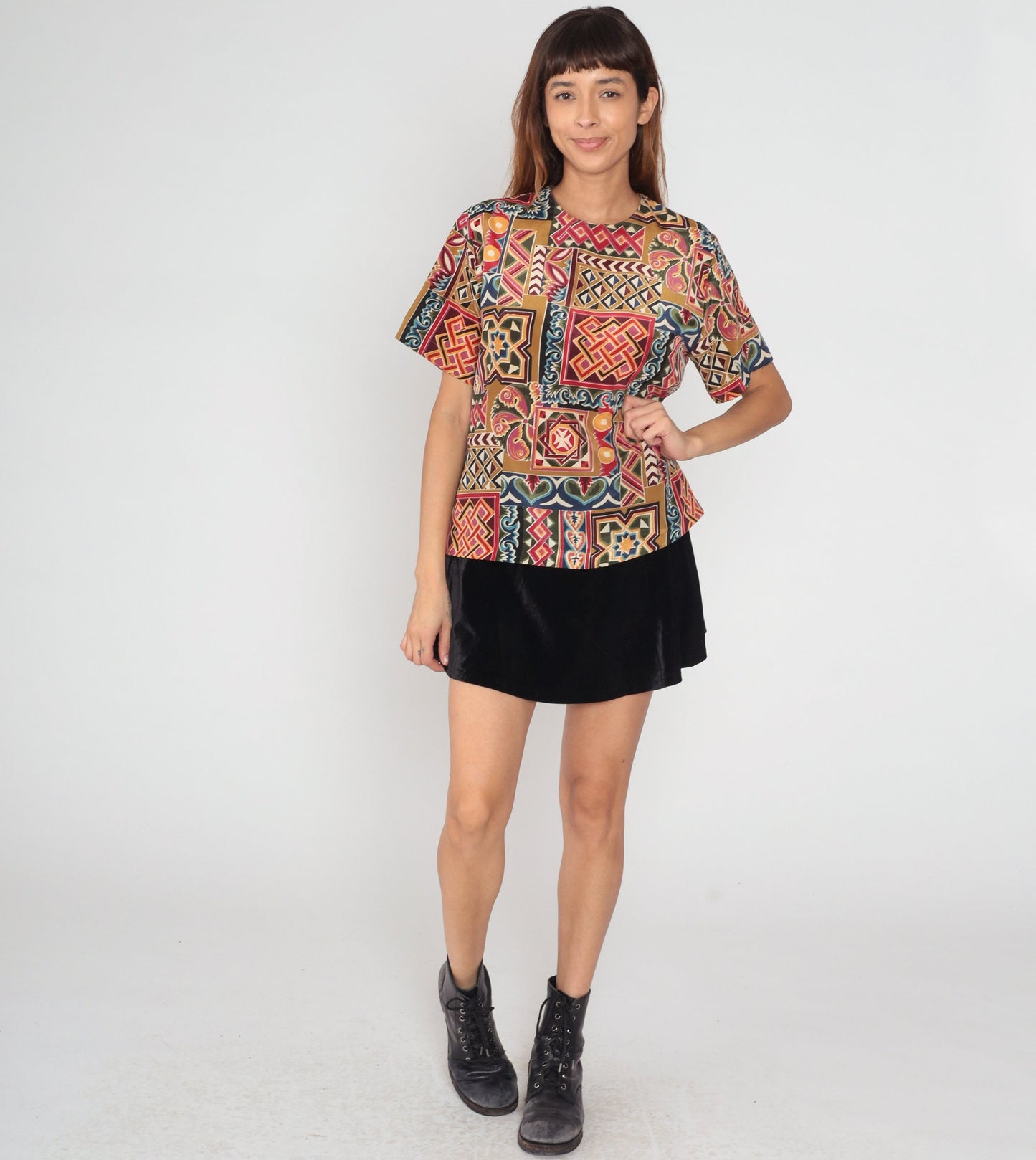 90s Geometric Abstract Print T-Shirt Heart Diamond Pattern Large