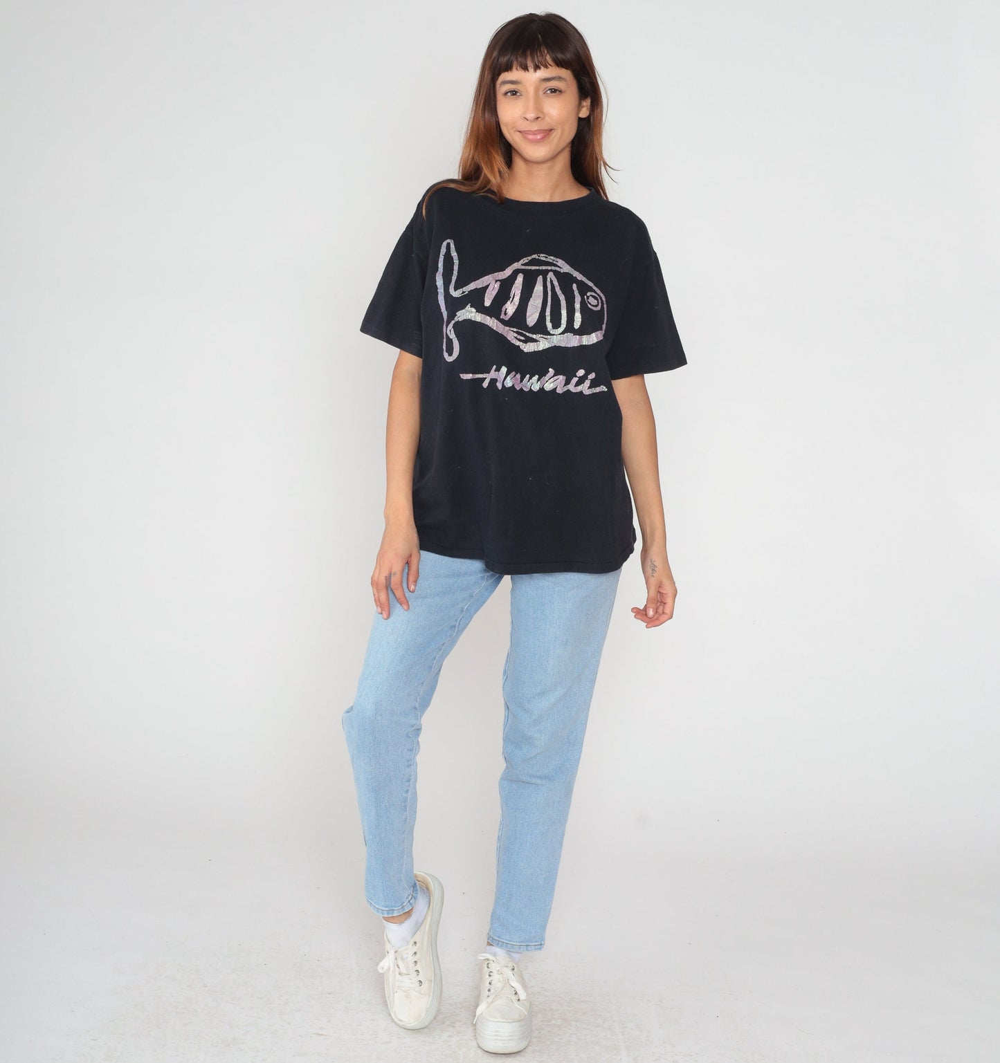 90s Hawaii Iridescent Fish Graphic T-Shirt Black Single Stitch Large L