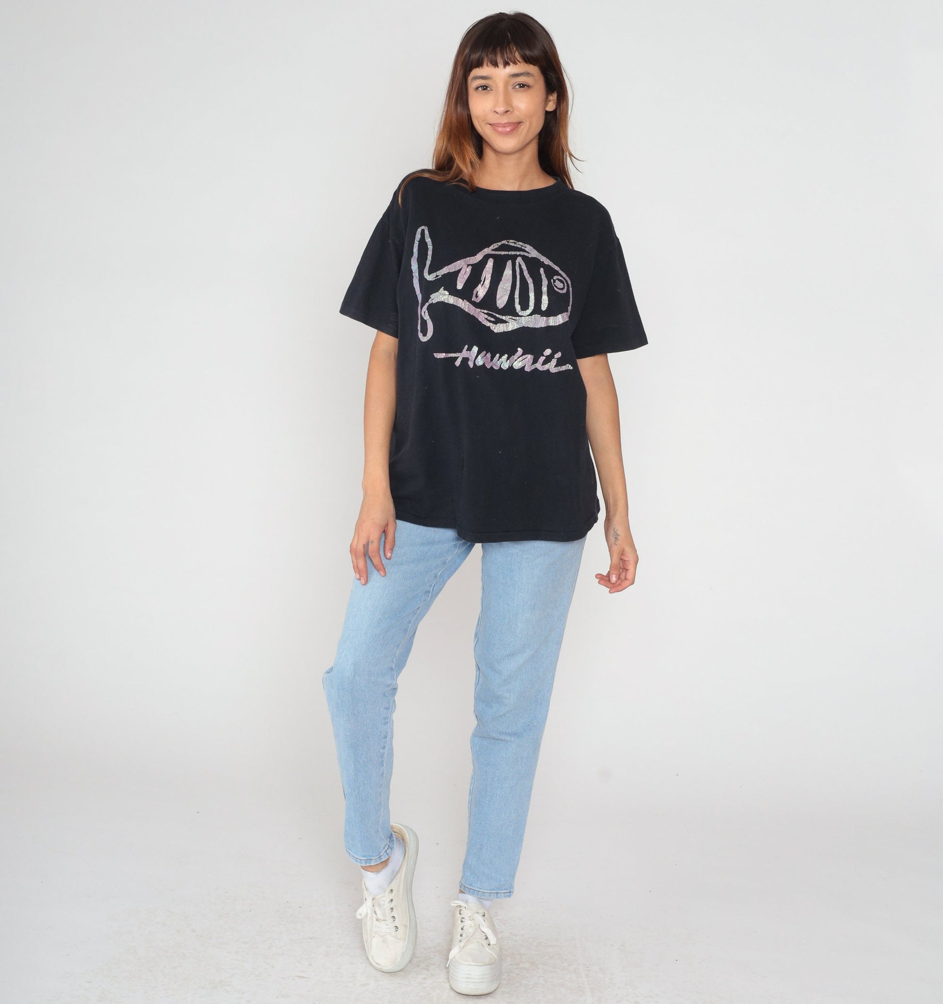 90s Hawaii Iridescent Fish Graphic T-Shirt Black Single Stitch Large L