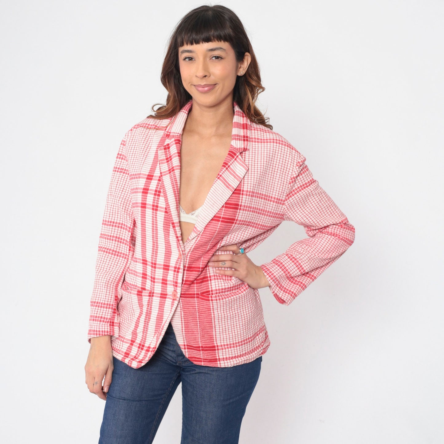 80s WilliWear Willi Smith Plaid Blazer Red White Cotton Jacket Small S