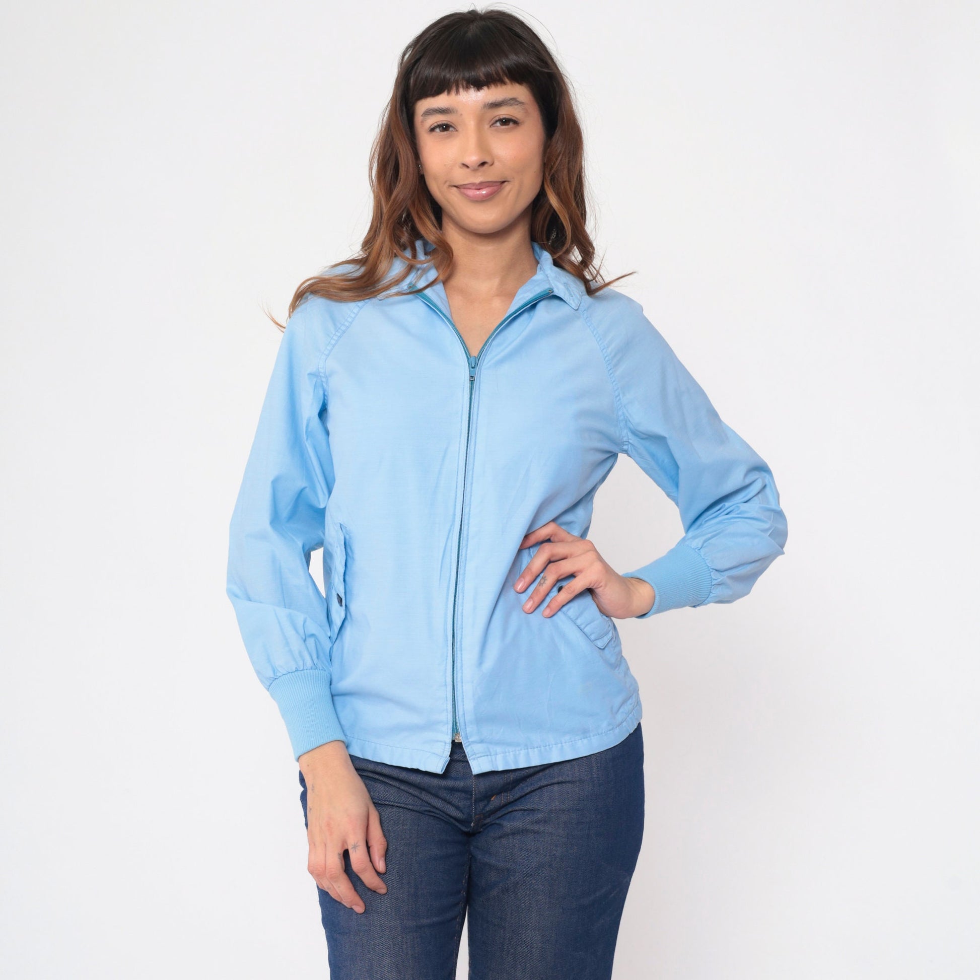 80s Baby Blue Windbreaker Jacket Raglan Sleeve Zip Up Extra Small