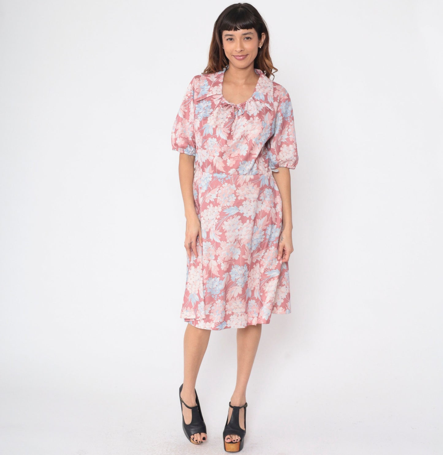 70s Pink Floral Midi Dress Puff Sleeve Collared Drawstring High Waist Medium Large