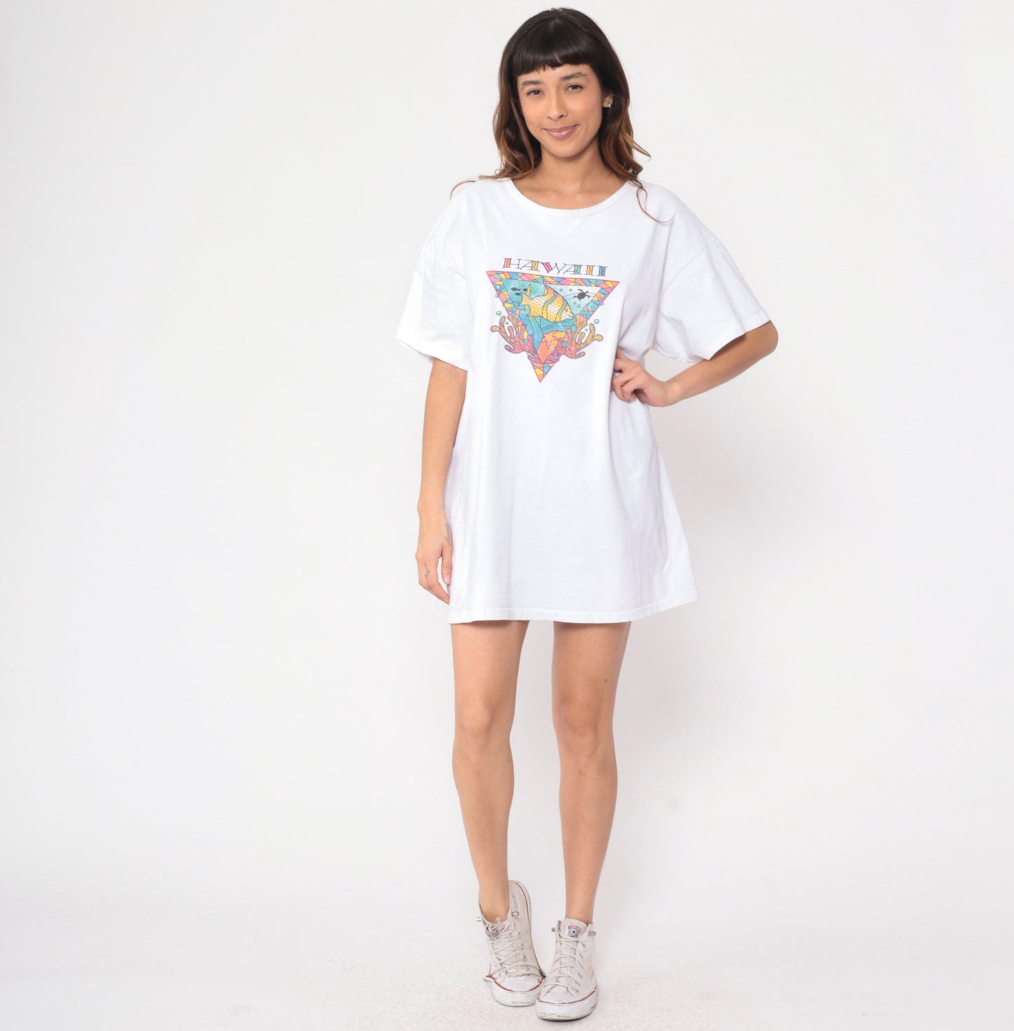 90s Hawaii Tropical Fish Turtle Graphic T-Shirt Dress Extra Large XL