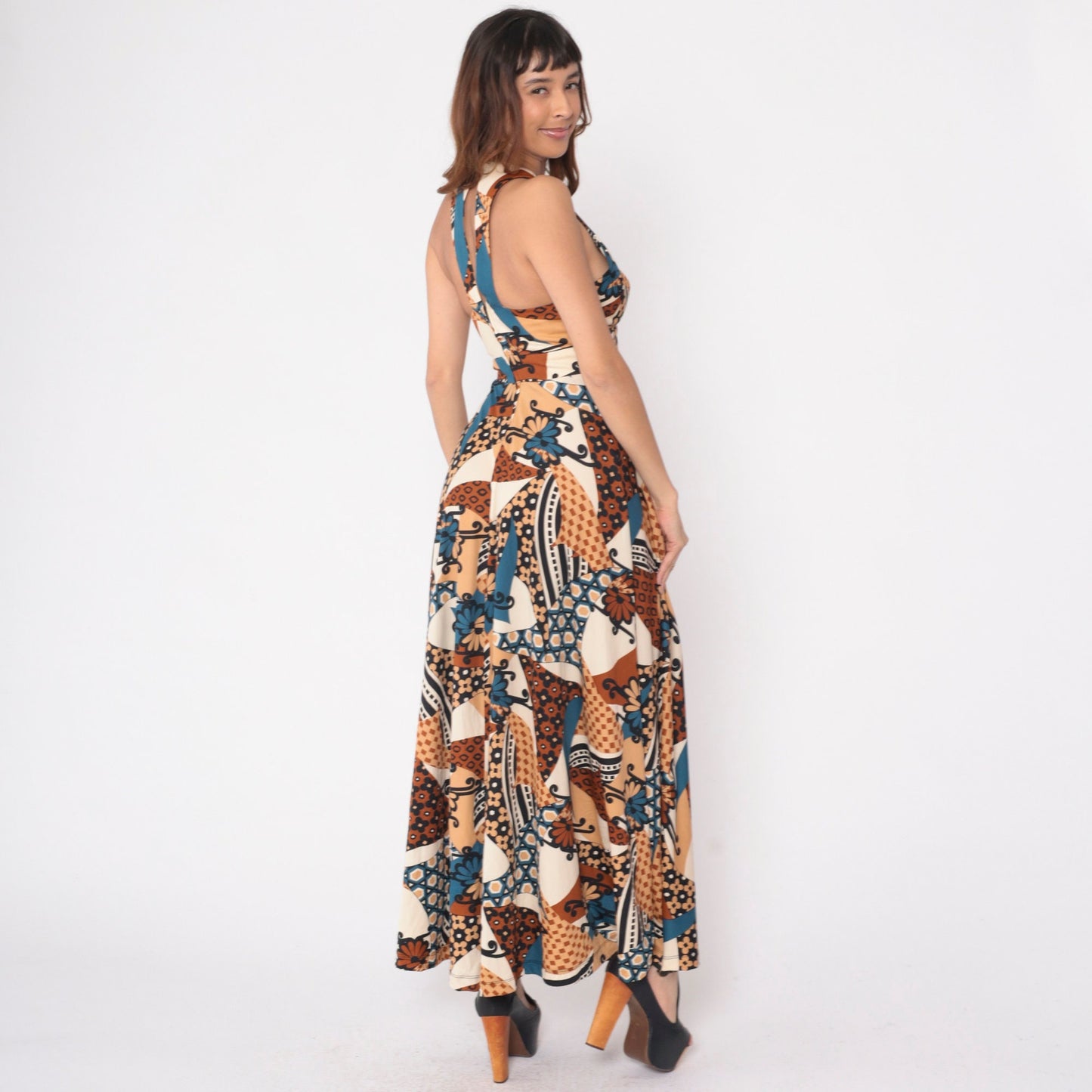 70s Abstract Floral Patchwork Maxi Dress Keyhole Racerback Sleeveless Extra Small