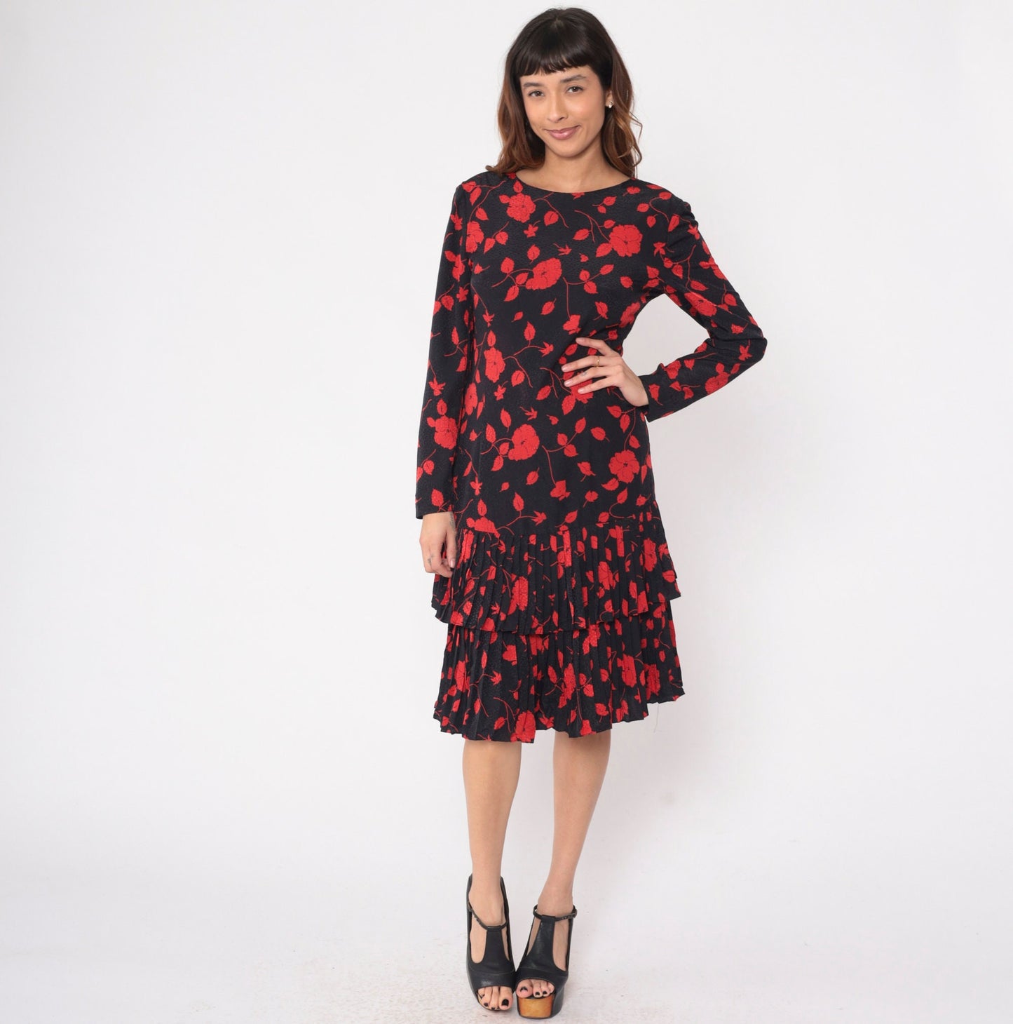 90s Liz Claiborne Black Floral Dress Red Flowers Low V Back Knee Length Medium