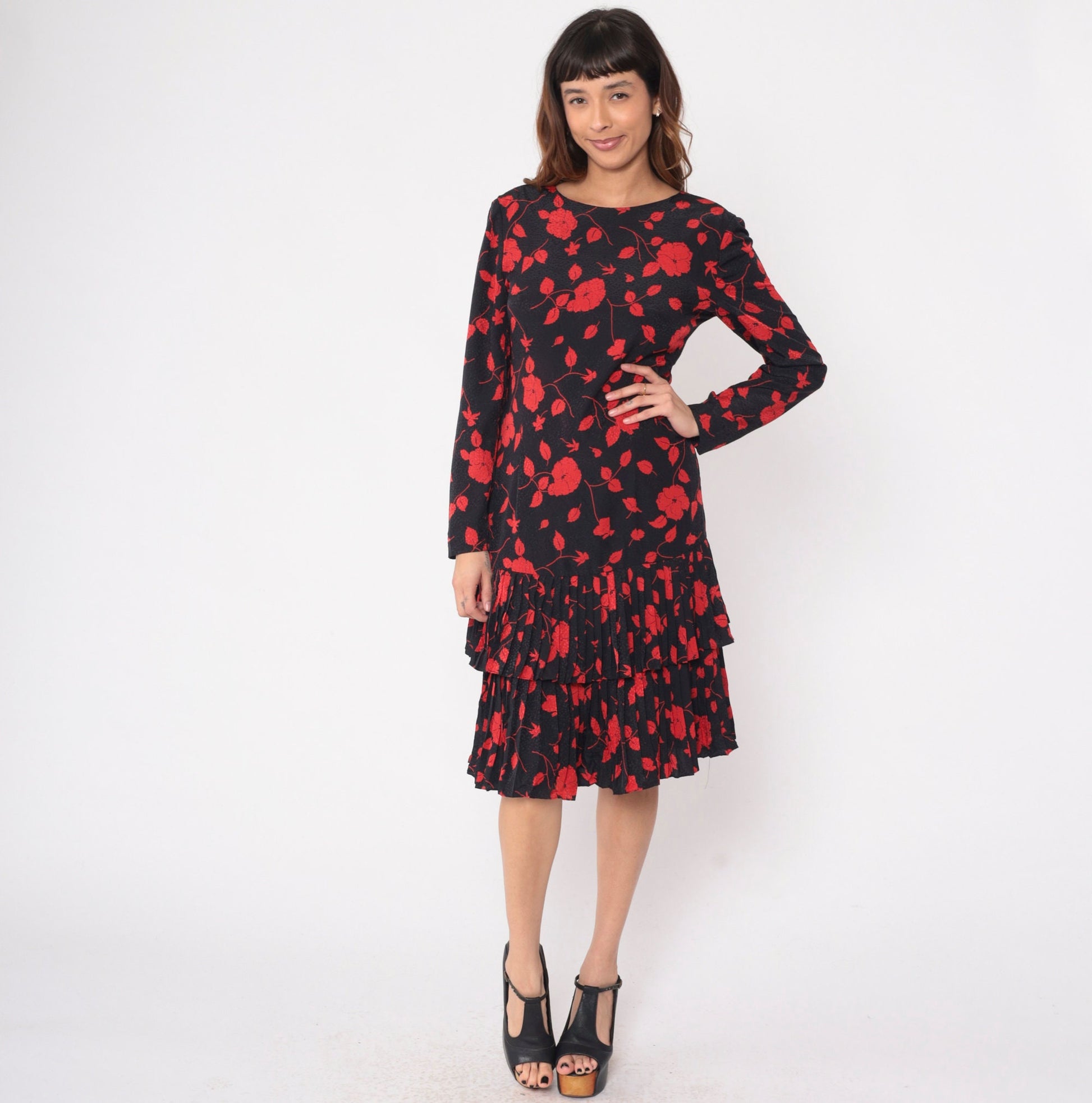 90s Liz Claiborne Black Floral Dress Red Flowers Low V Back Knee Length Medium