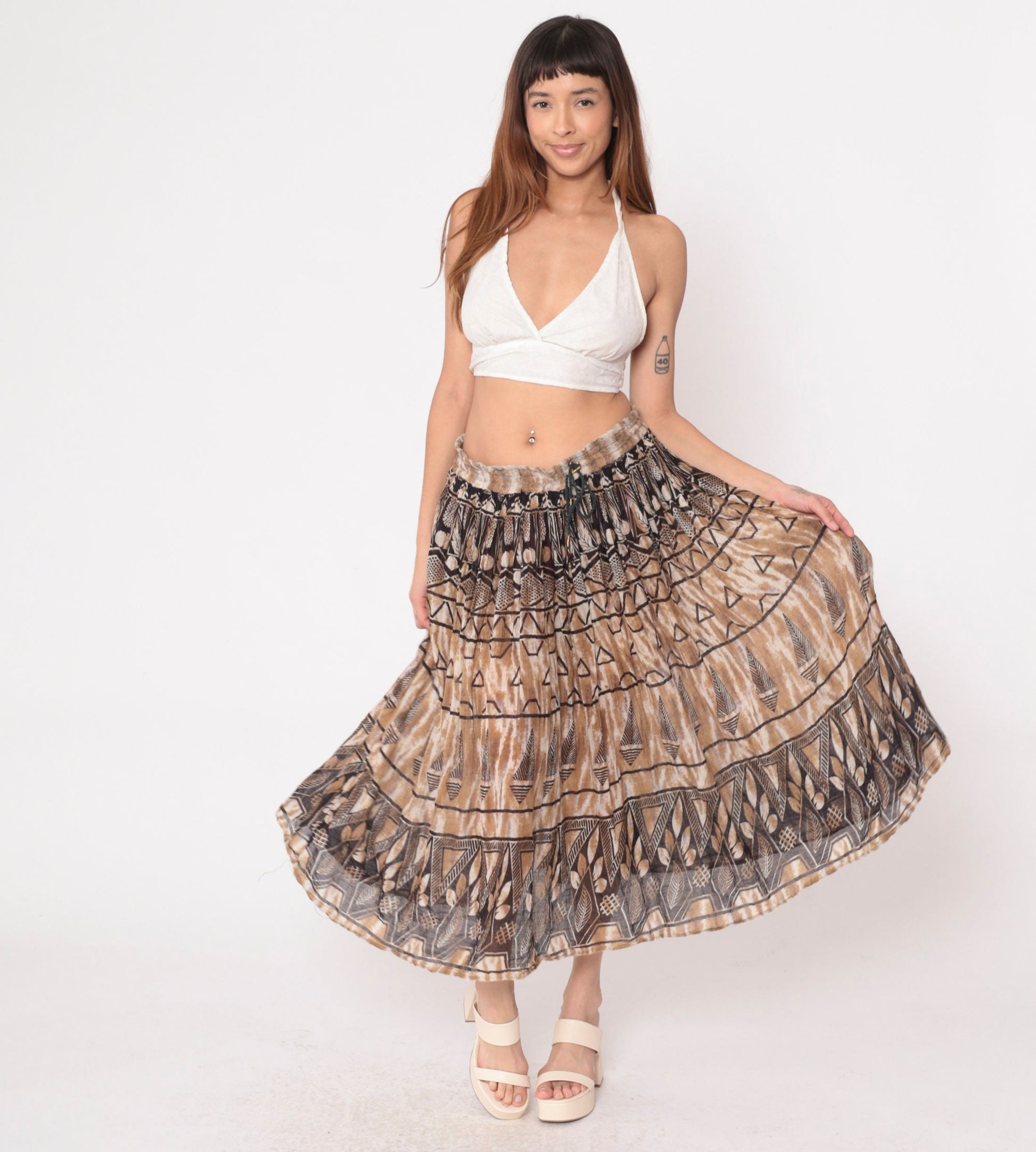 90s Geometric Leaf Print Broomstick Skirt Brown Midi Cotton Medium