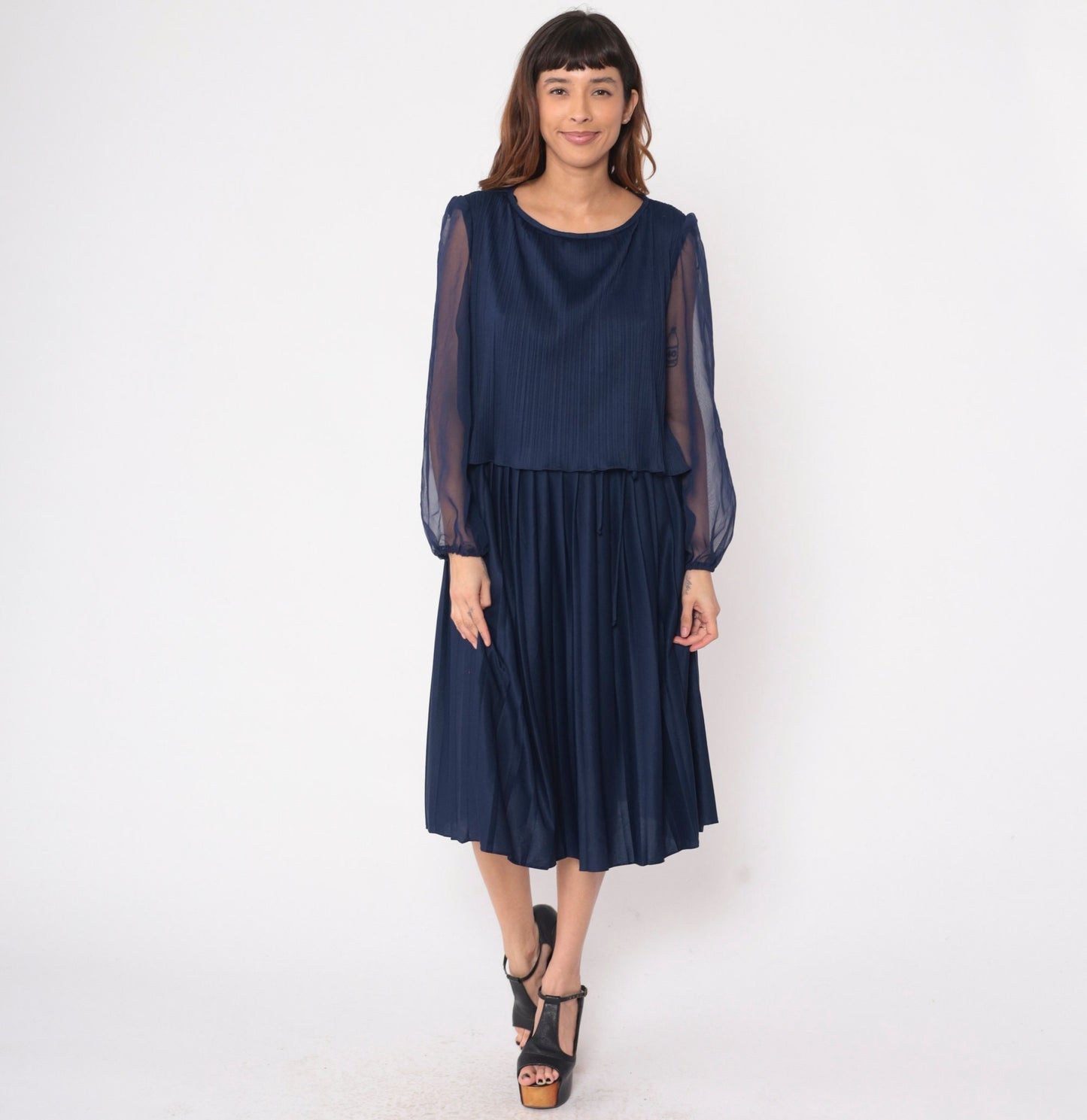 70s Navy Pleated Midi Dress Layered Bodice Sheer Chiffon Sleeves Large L