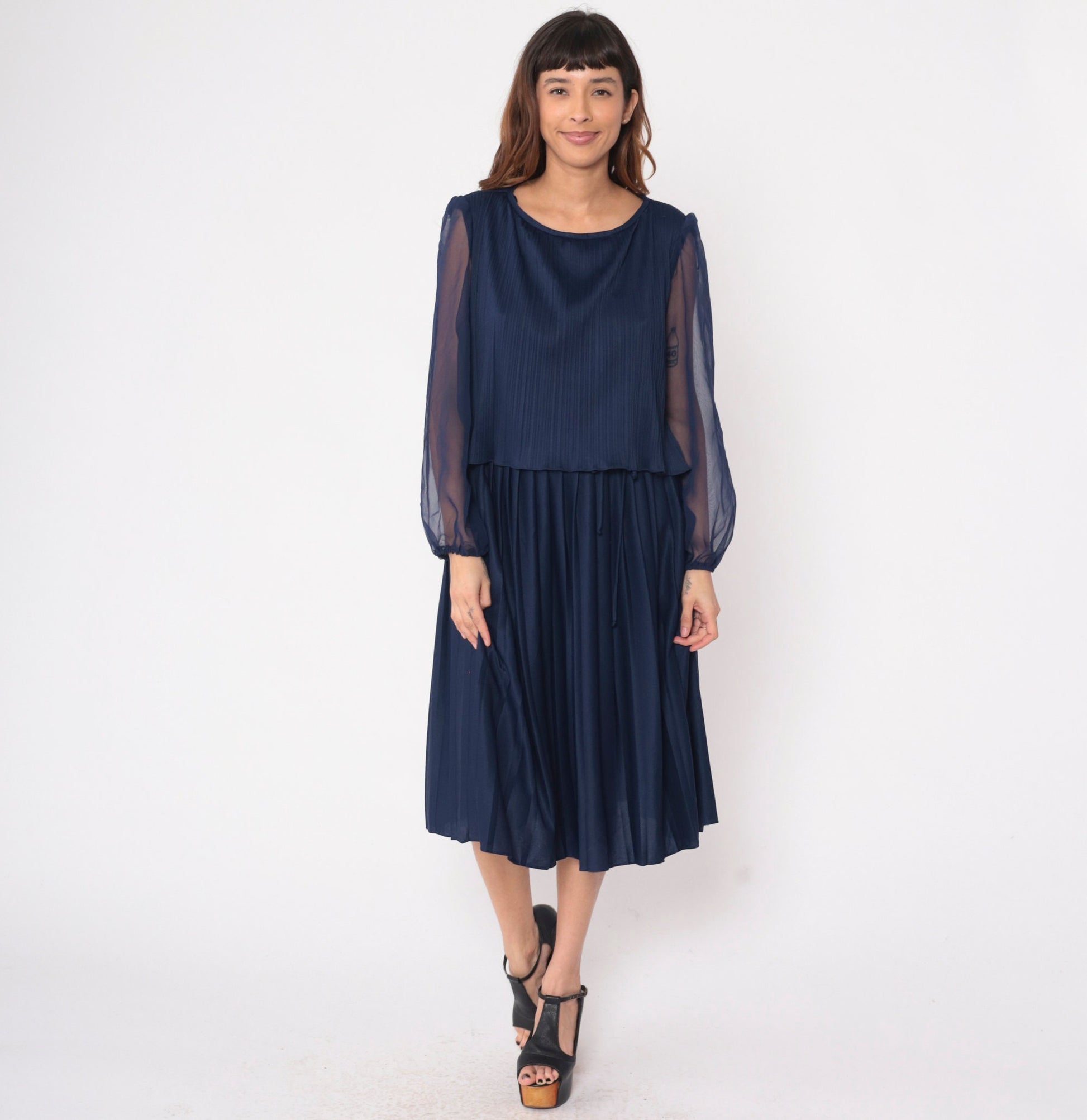 70s Navy Pleated Midi Dress Layered Bodice Sheer Chiffon Sleeves Large L