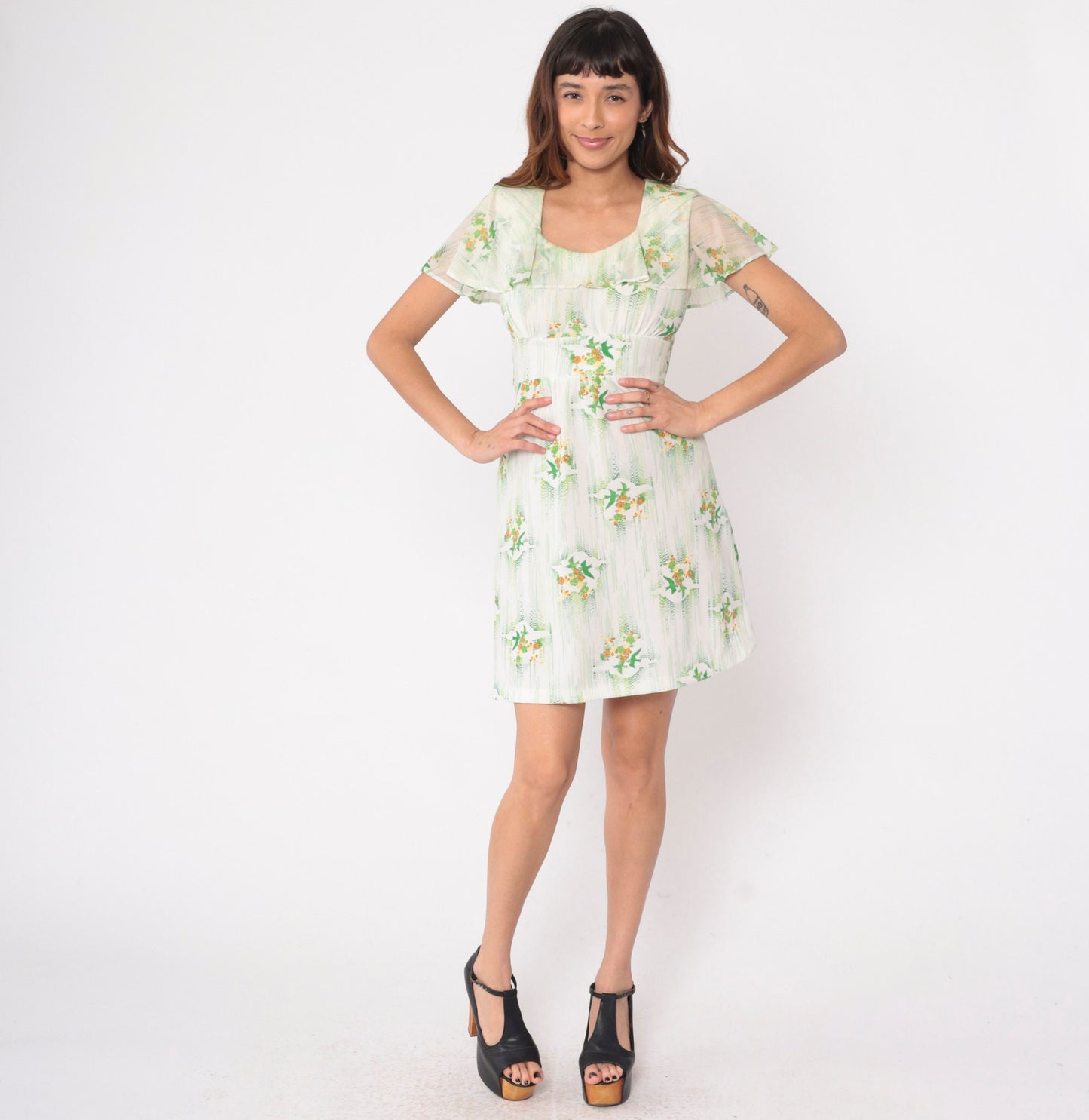 70s Babydoll Mini Dress Floral Bird Print Empire Waist Flutter Sleeve Small