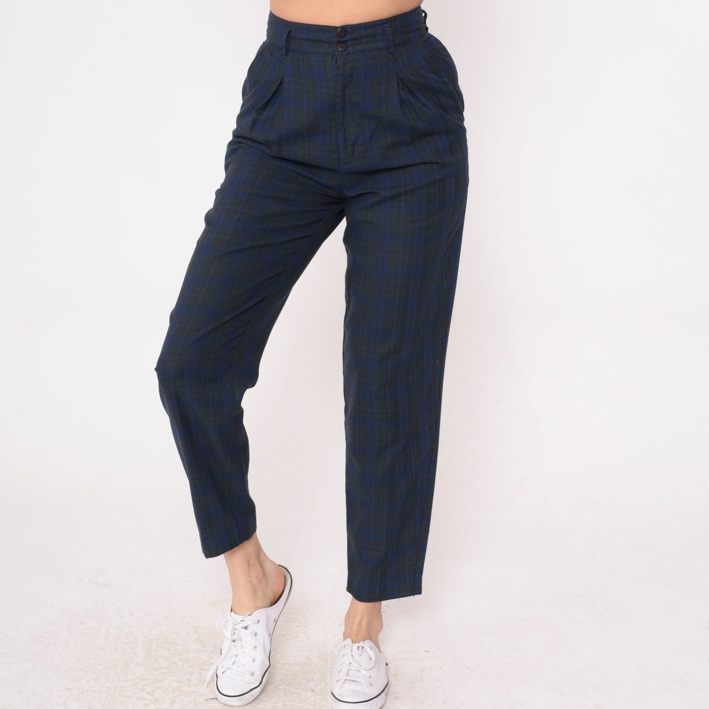 80s Palmettos Tapered Plaid Trousers Blue Charcoal High Waisted Pleated Extra Small
