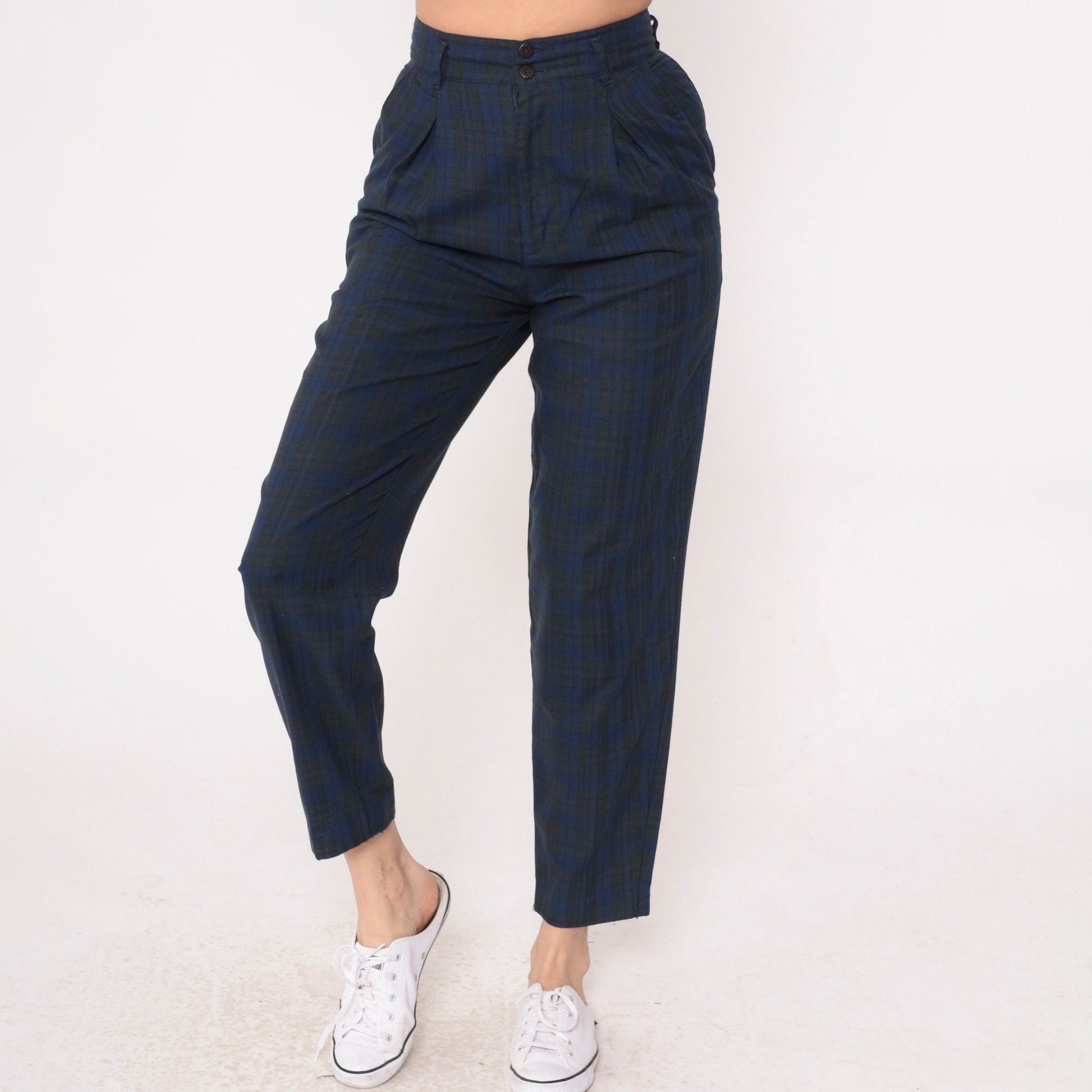 80s Palmettos Tapered Plaid Trousers Blue Charcoal High Waisted Pleated Extra Small
