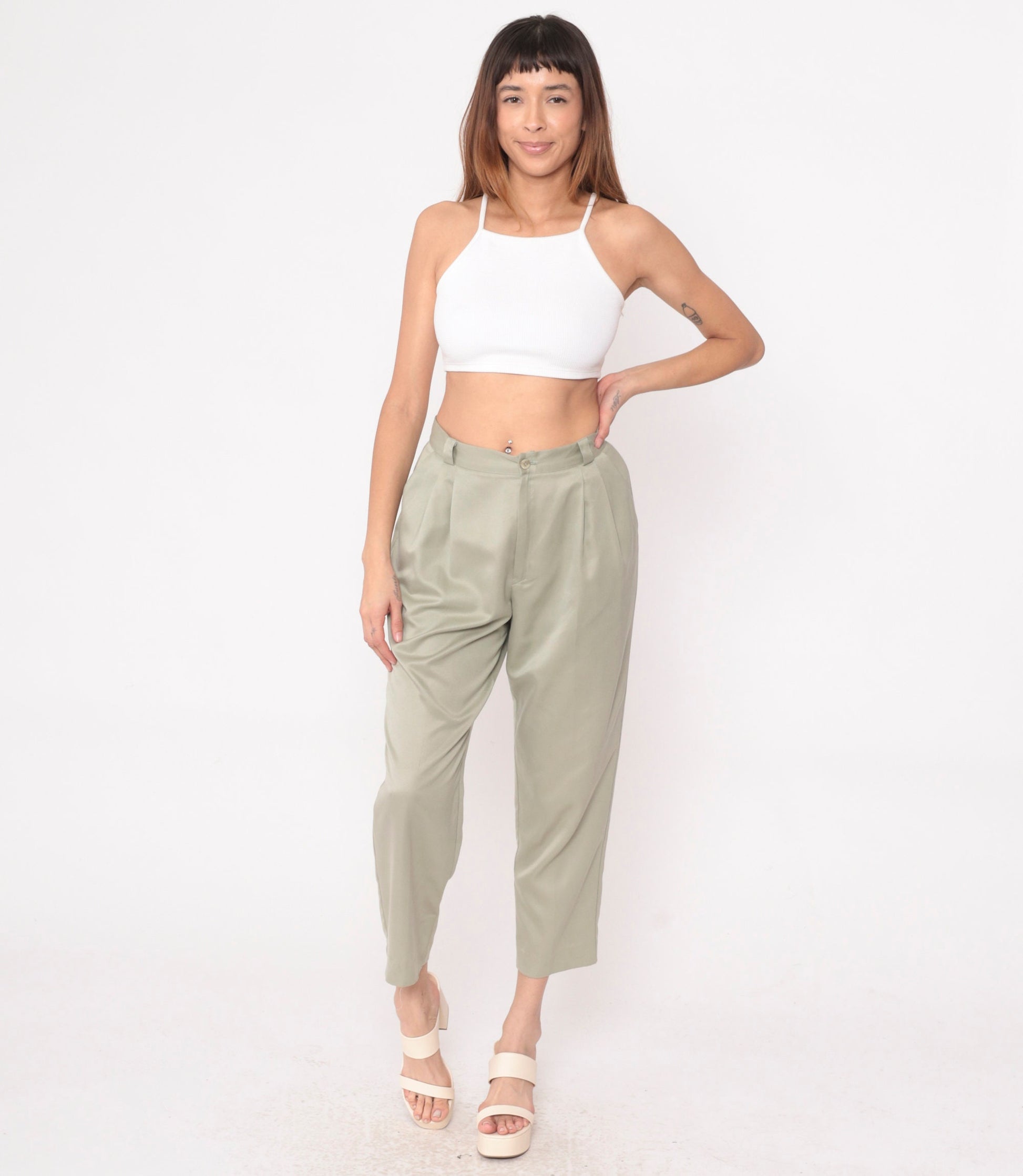 90s Khaki Pleated High-Waist Ankle Trousers Shimmer Petite Medium