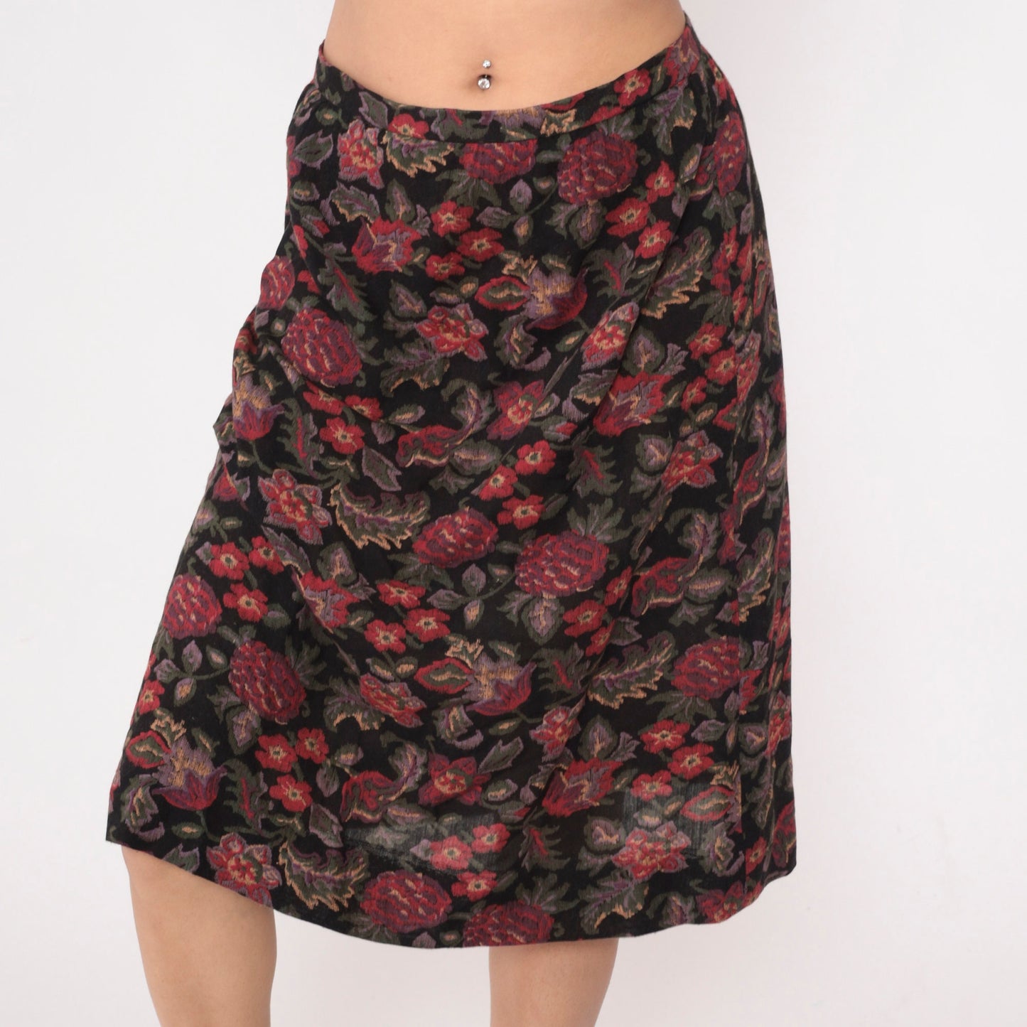 80s Floral Midi Skirt High Waisted Straight Pencil Black Red Green Small