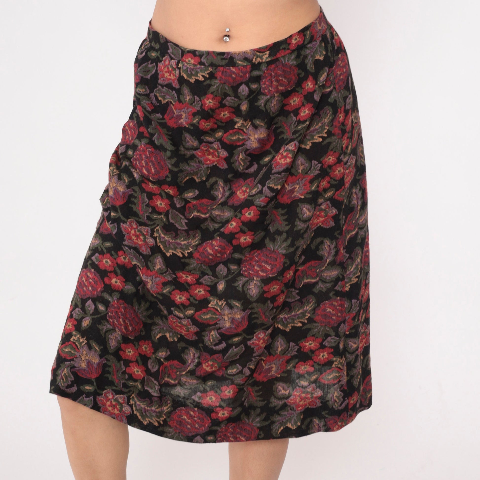 80s Floral Midi Skirt High Waisted Straight Pencil Black Red Green Small