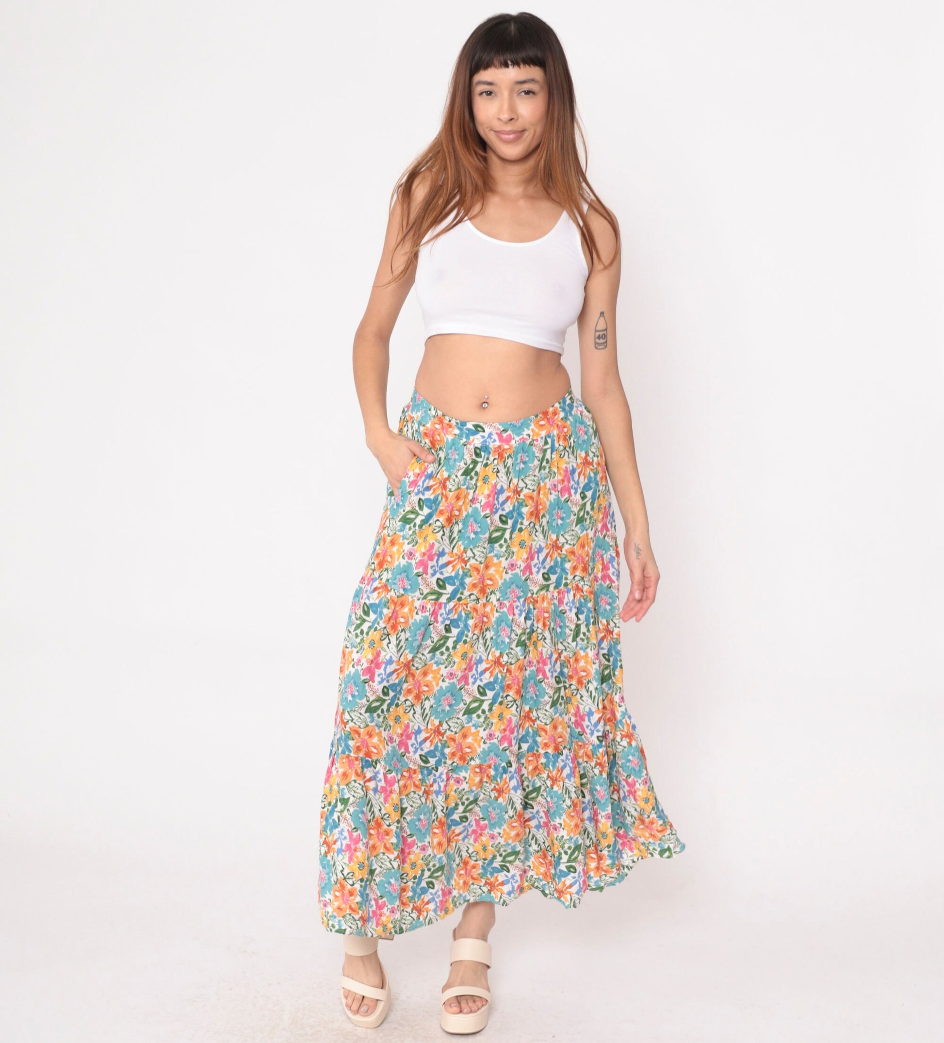00s Cynthia Rowley Tiered Floral Maxi Skirt Blue Orange Pink Small