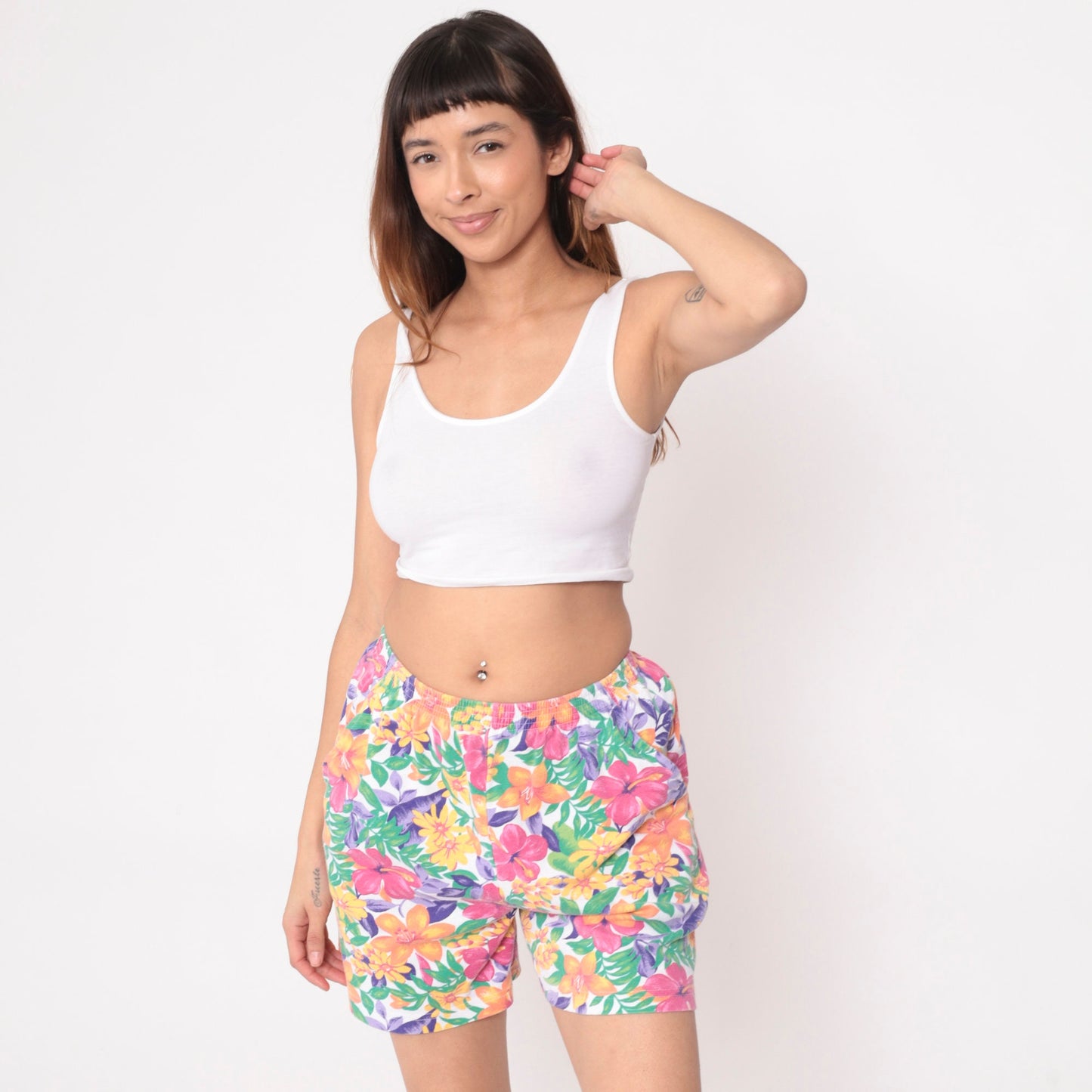 90s Tropical Floral Leaf Print High-Waist Shorts Multicolor Small