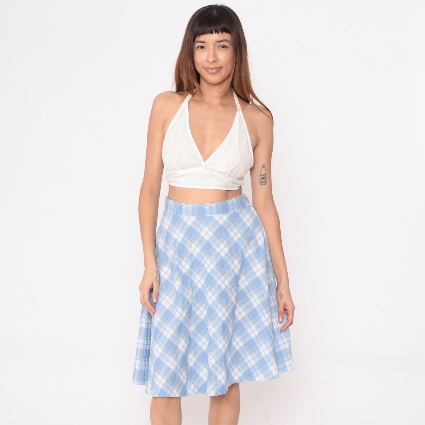 80s Sky Blue White Plaid Midi Skirt High Waist Pleated Small