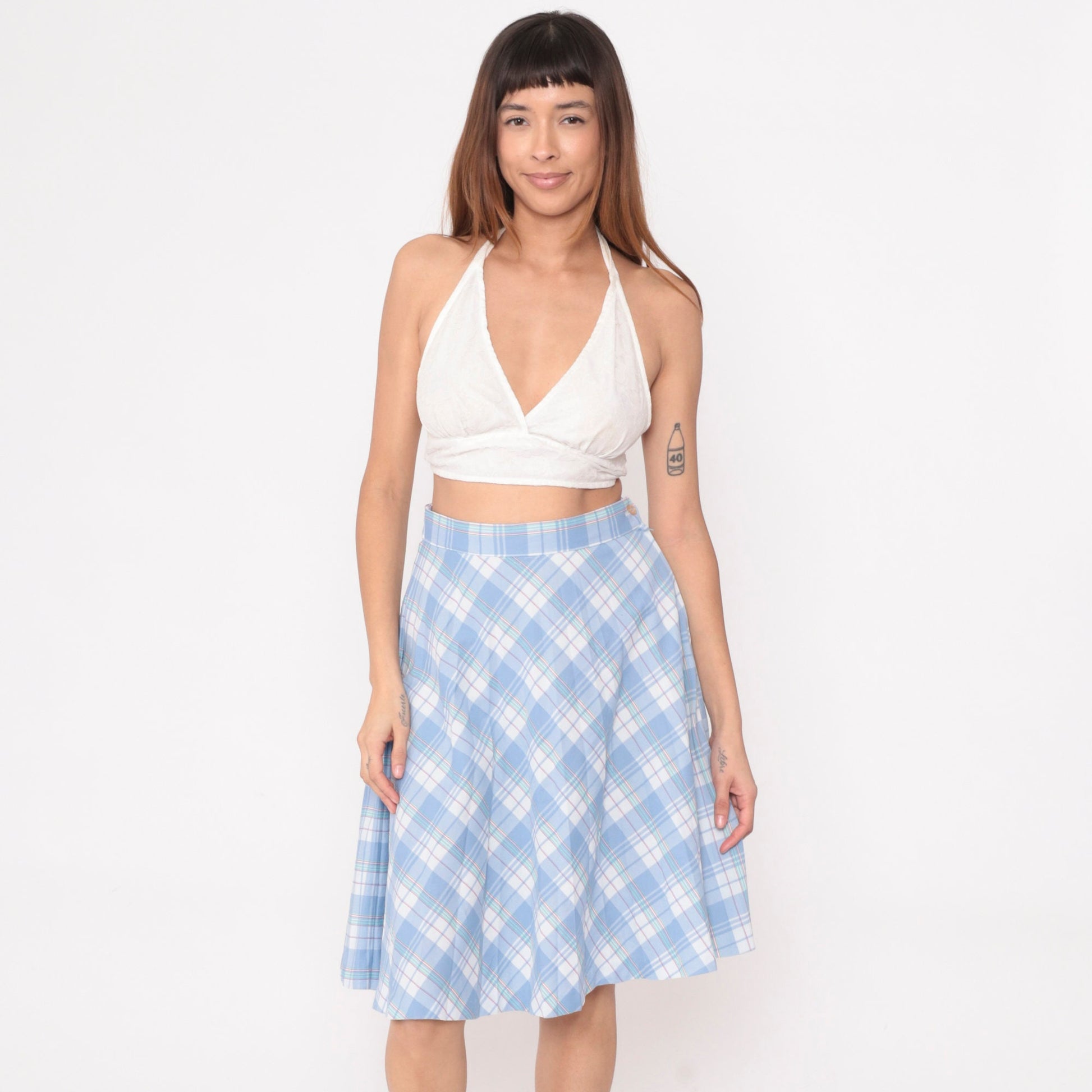 80s Sky Blue White Plaid Midi Skirt High Waist Pleated Small