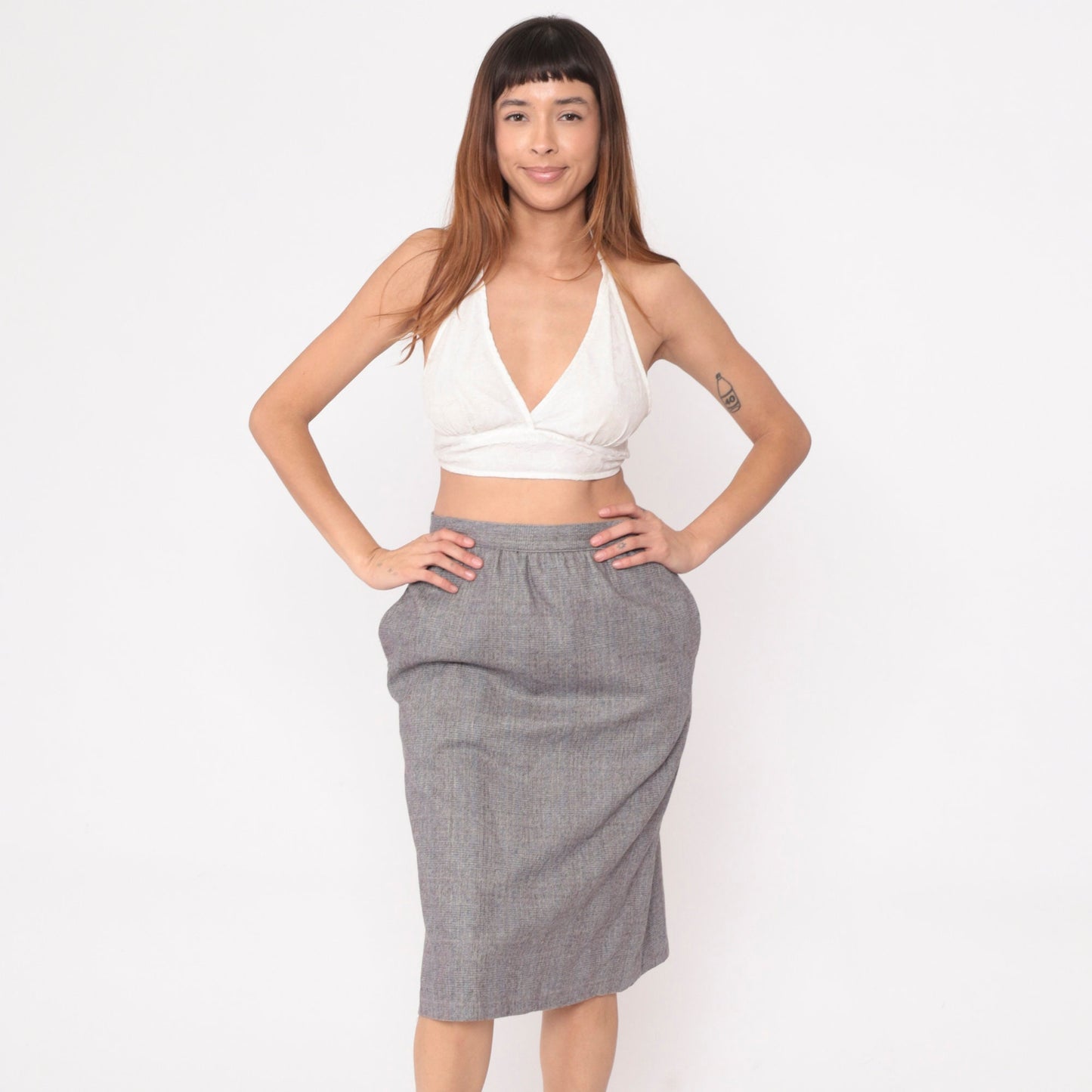 80s Grey Checkered High-Waisted Straight Skirt Pockets Small
