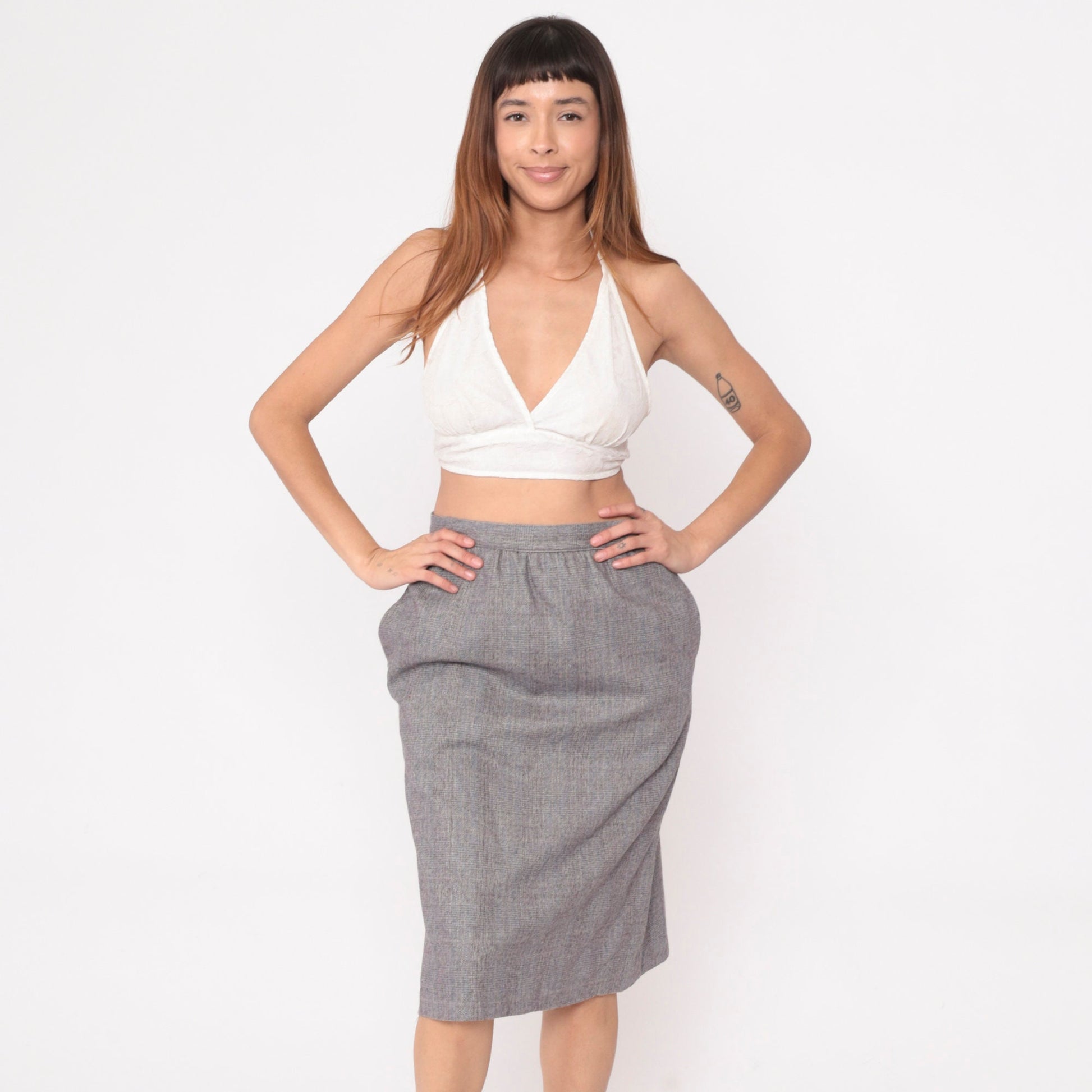 80s Grey Checkered High-Waisted Straight Skirt Pockets Small