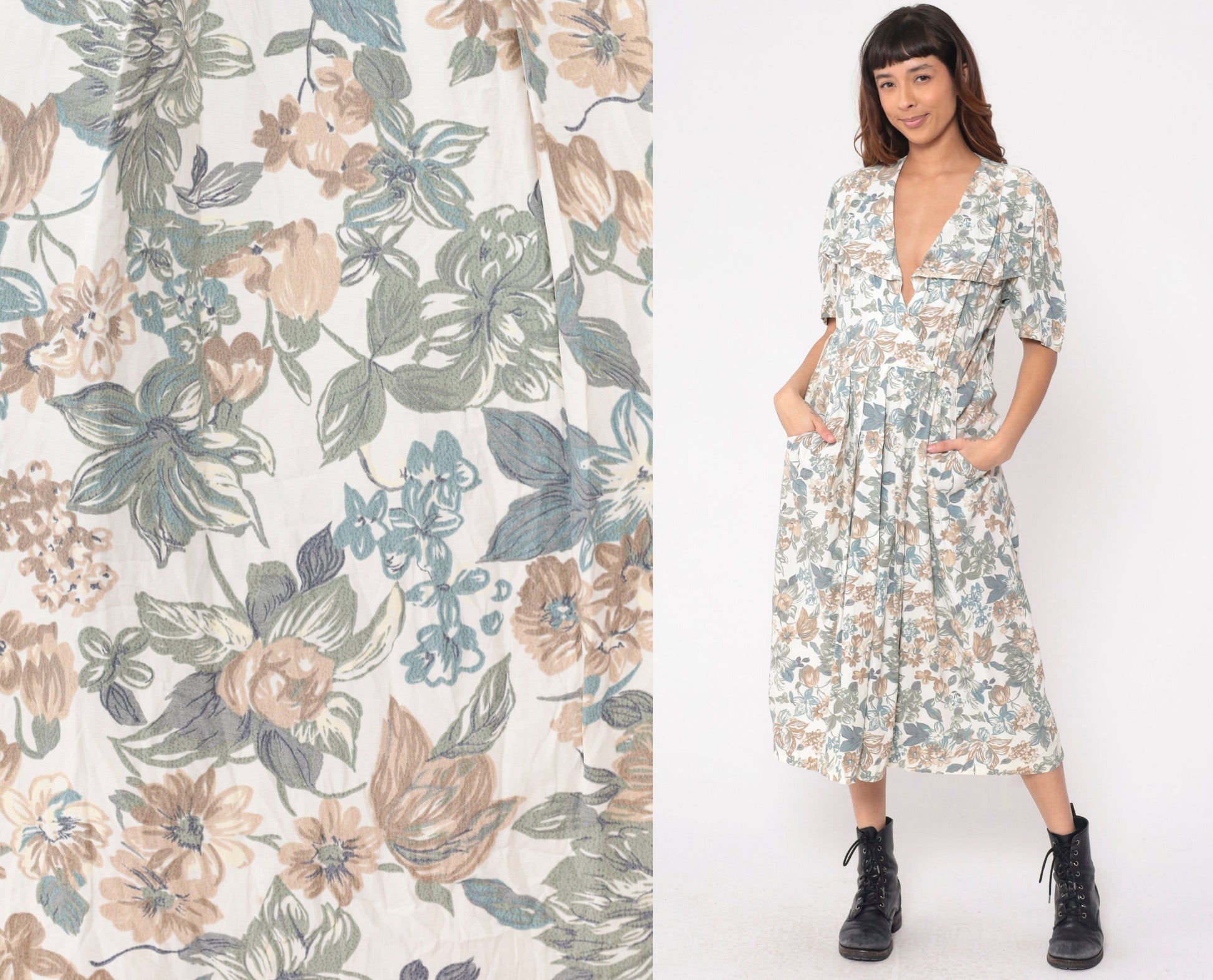 80s Floral Wrap Midi Dress White Puff Sleeve High Waist Pockets Medium