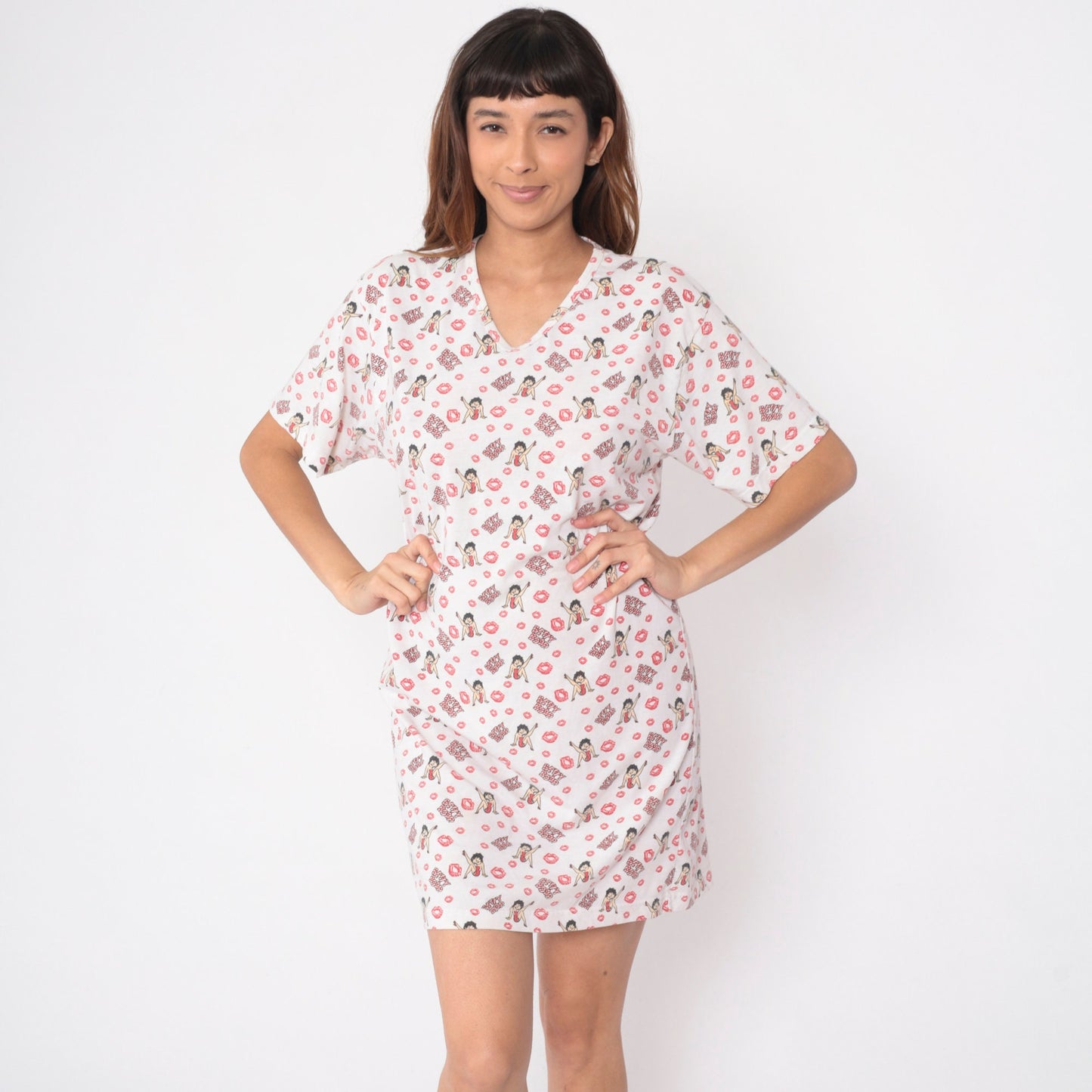 00s Betty Boop Kisses Print Nightie Dress V-Neck Mini Graphic Small S