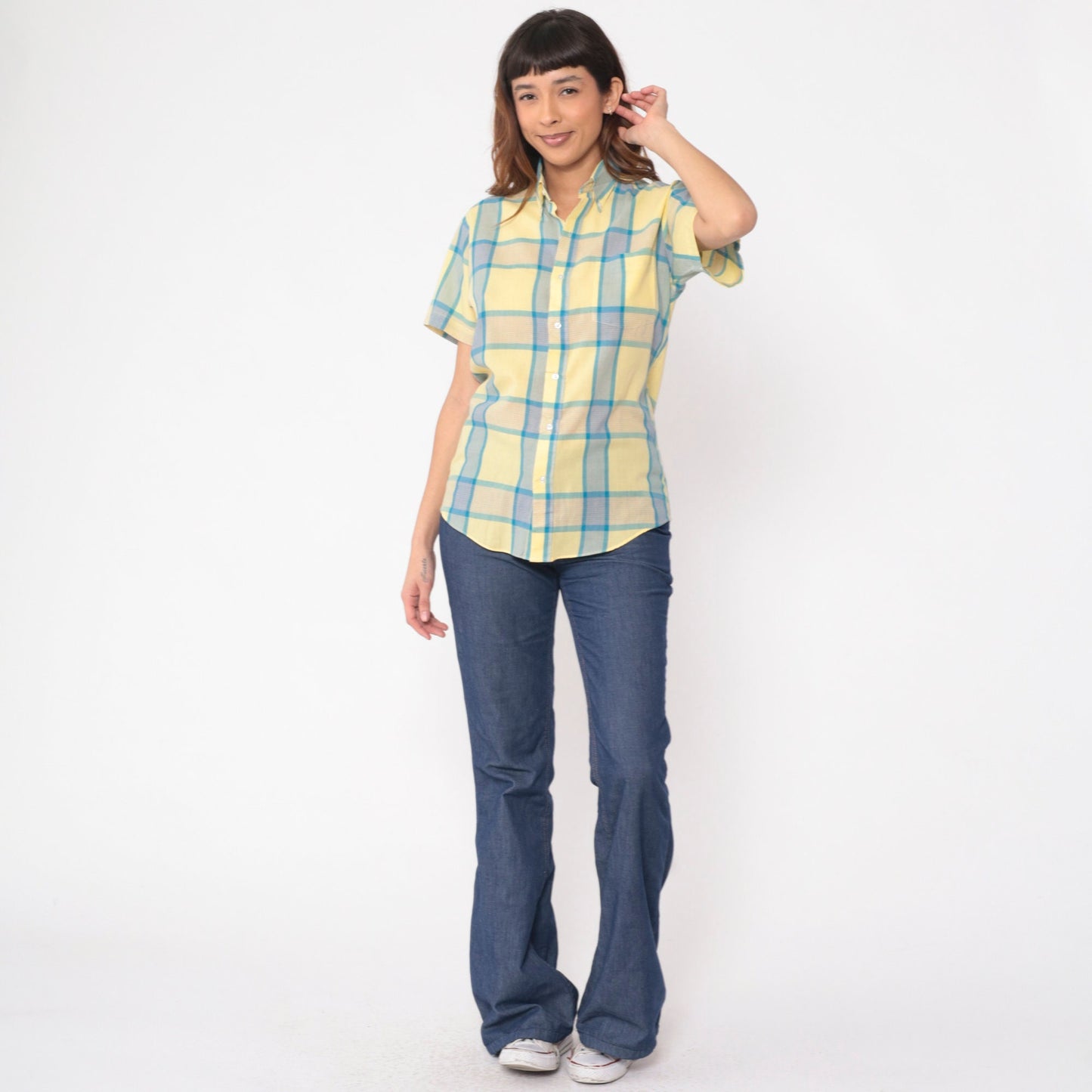 80s Yellow Blue Plaid Button Up Shirt Short Sleeve Collared Top Small S