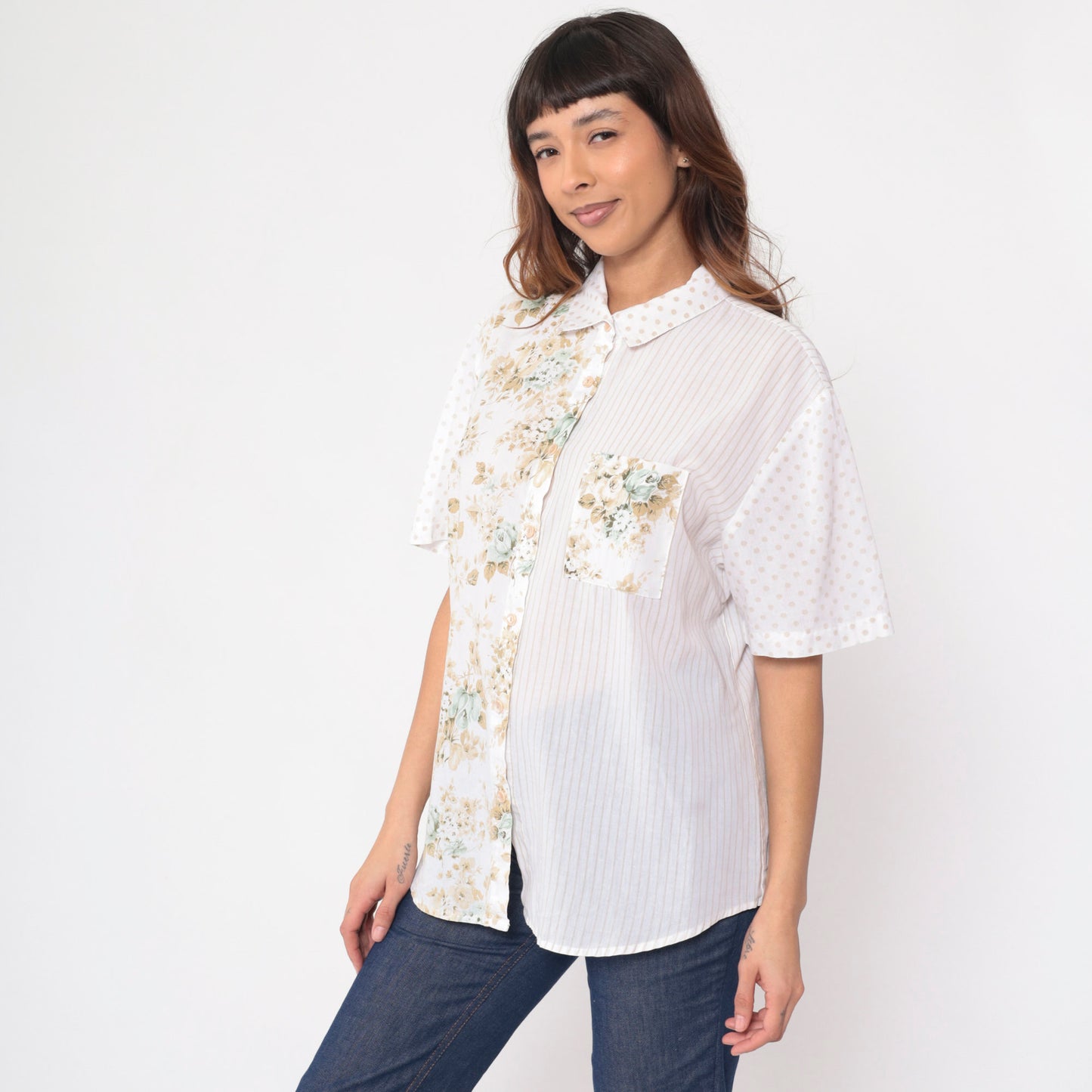90s Kap & Co. Patchwork Floral Striped Button-Up Blouse White Extra Large XXL