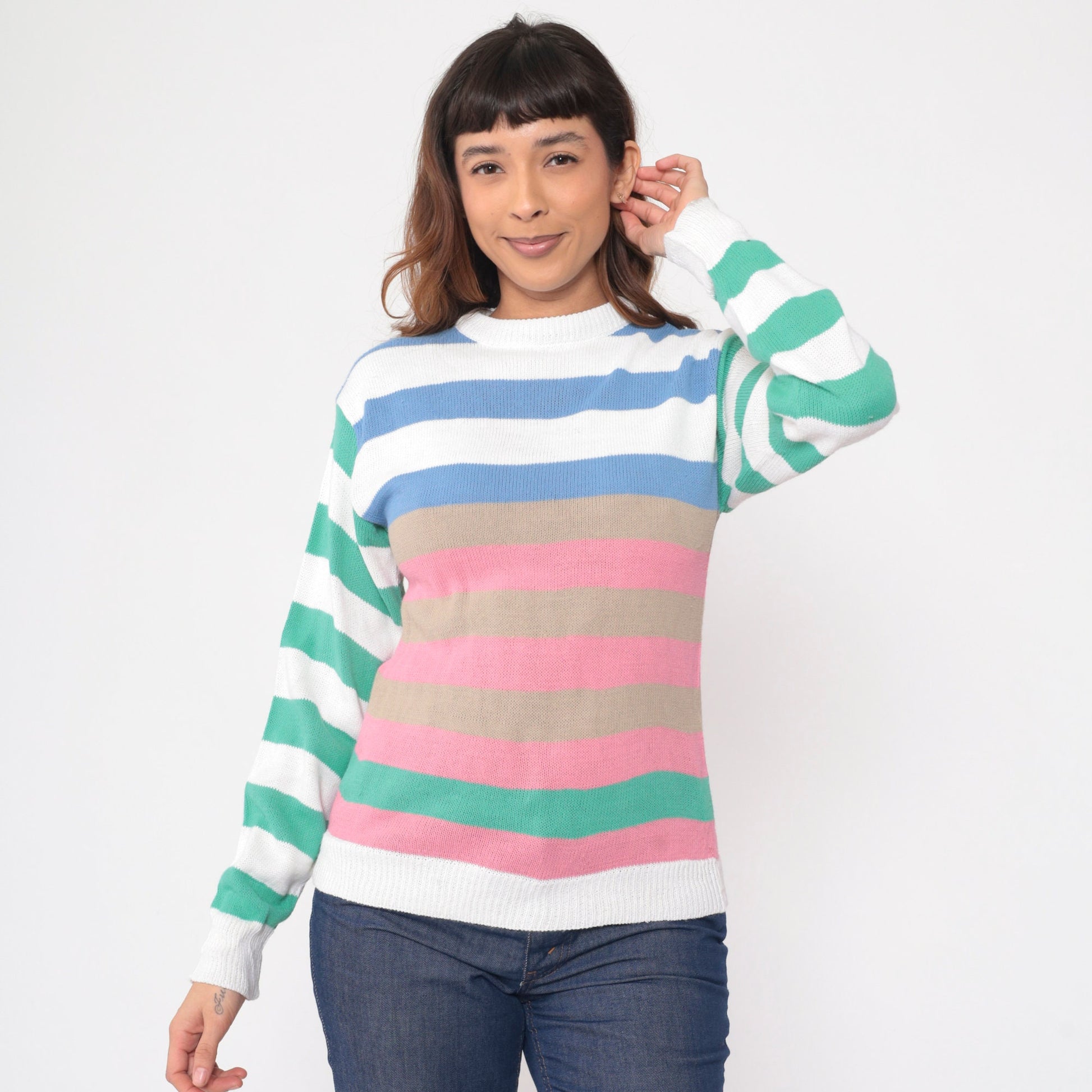 80s Colour Block Striped Crewneck Sweater White Pink Blue Green Extra Small