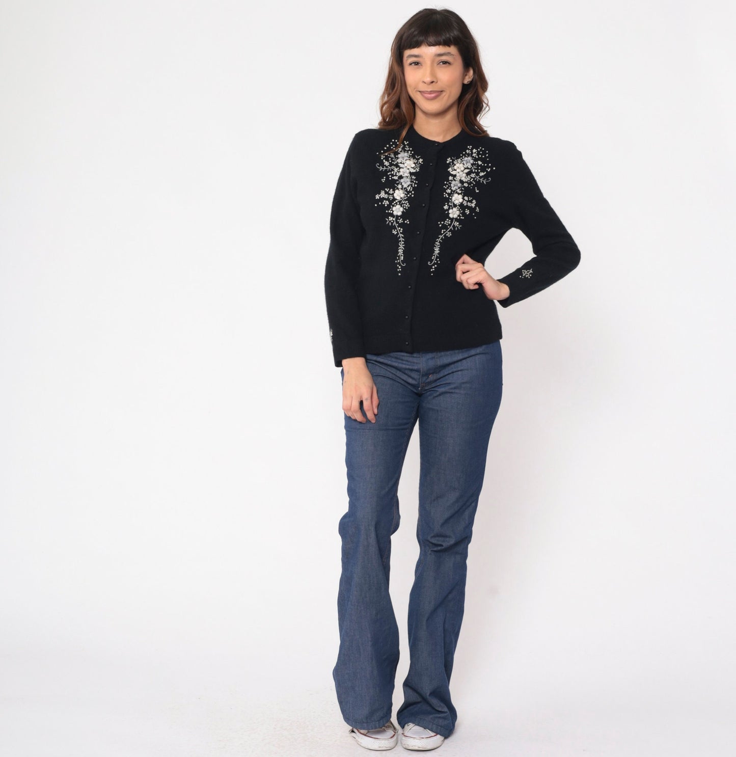 60s Black Cardigan Grey Floral Embroidered Button-Up Wool Blend Medium