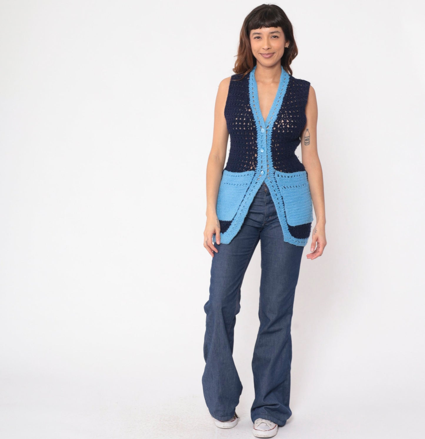 70s Navy Crochet Knit Vest Button-Up V-Neck Sheer Pockets Extra Small