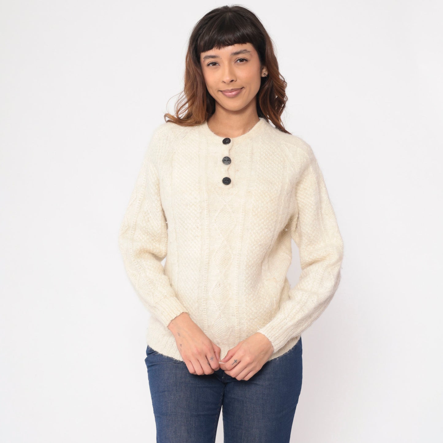 80s Aymara Alpaca Wool Cable Knit Sweater Cream Raglan Small S