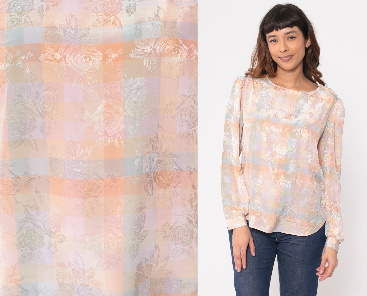 80s Kaki Roberts Peach Checkered Floral Puff Sleeve Blouse Small