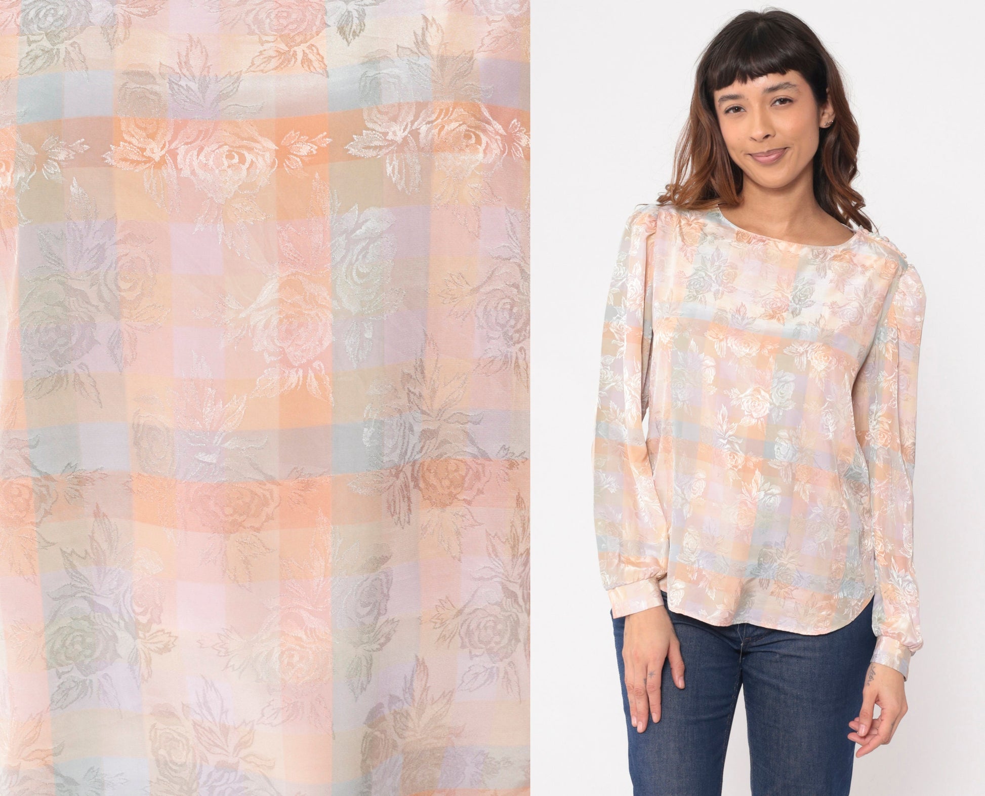 80s Kaki Roberts Peach Checkered Floral Puff Sleeve Blouse Small
