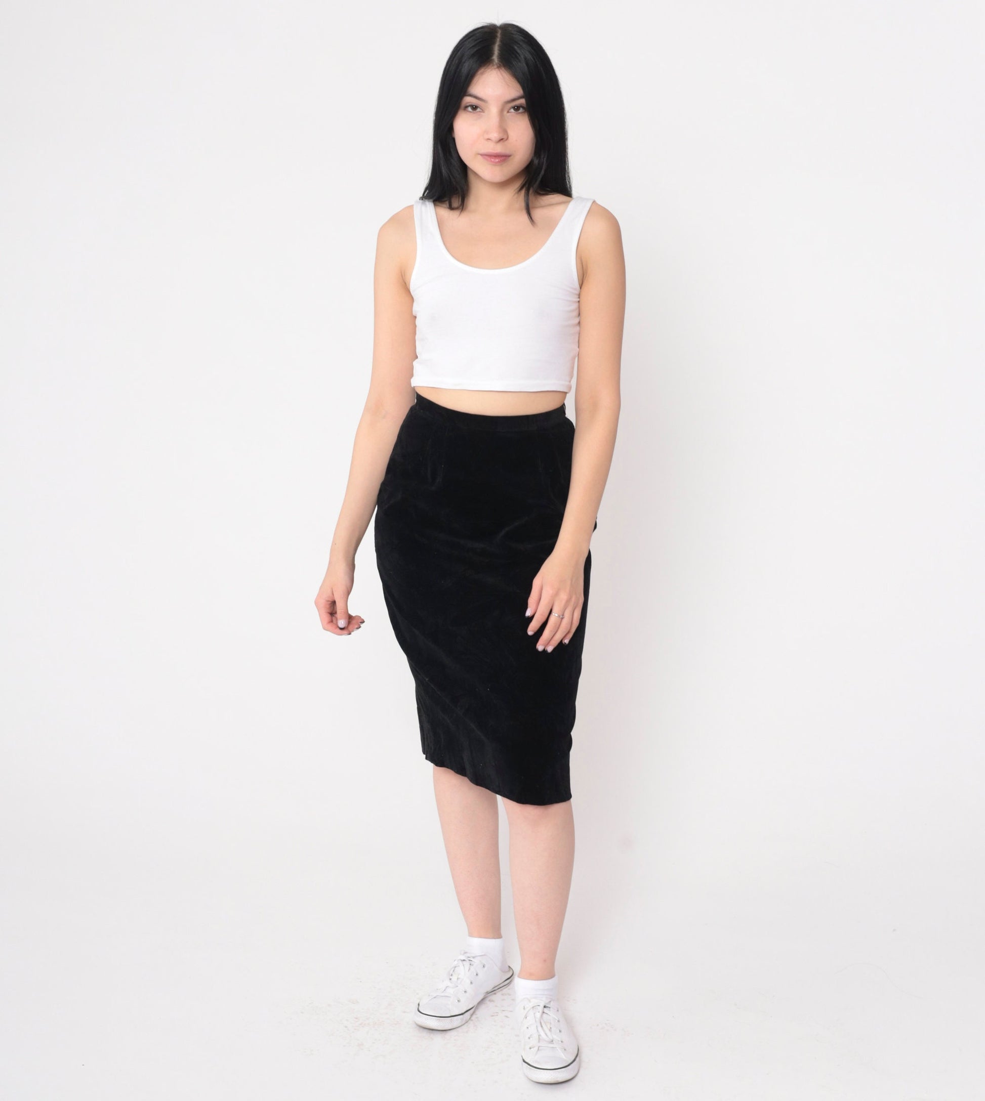 70s Black Velvet Midi Pencil Skirt High Waisted Extra Small XS