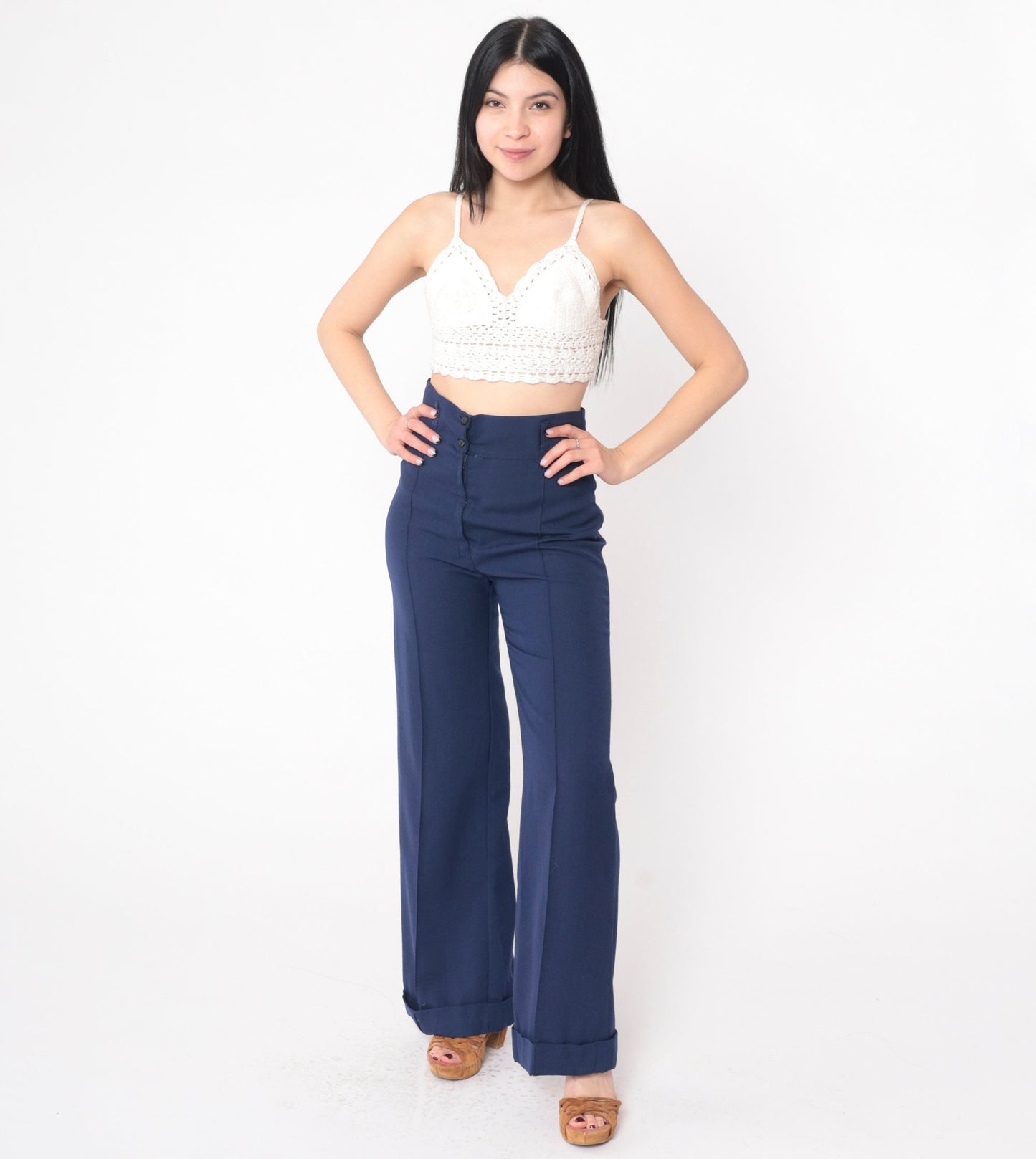 70s Navy Bell Bottom Trousers High Waist Cuffed Creased Slacks Small